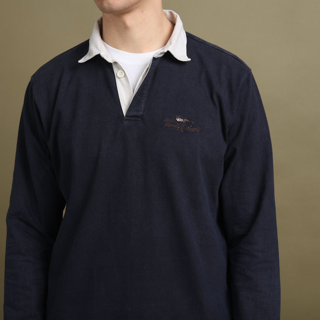 Thomas Burberry Rugby Shirt Navy Blue & White Men's XL