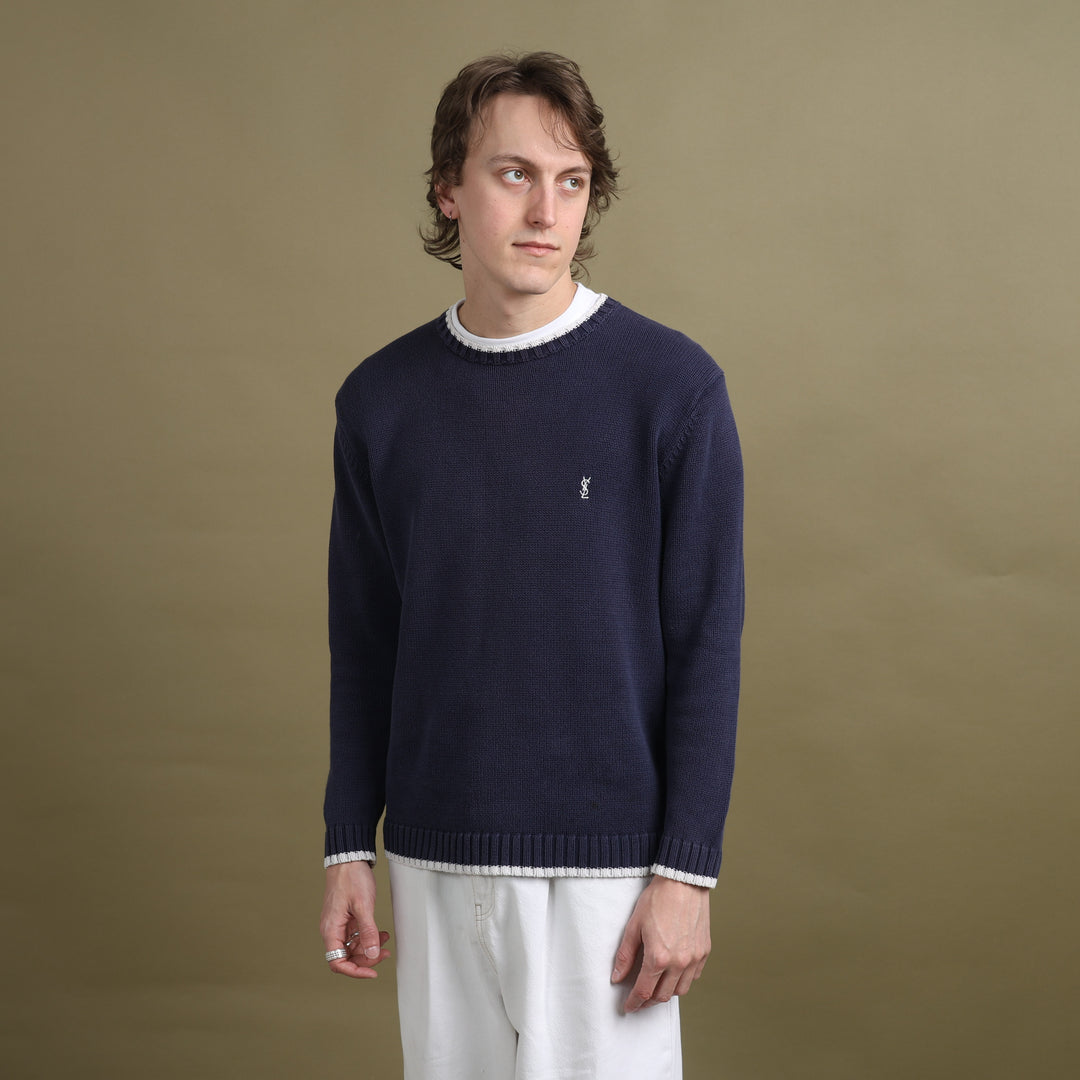 Yves Saint Laurent Crew Neck Jumper Navy Blue & White Men's S