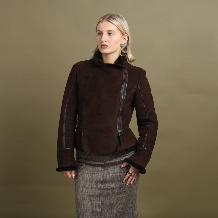 United Colors of Benetton Faux Leather Jacket Brown Women's UK 10
