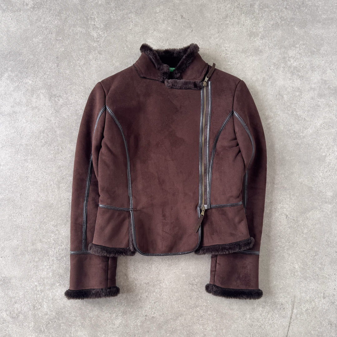 United Colors of Benetton Faux Leather Jacket Brown Women's UK 10