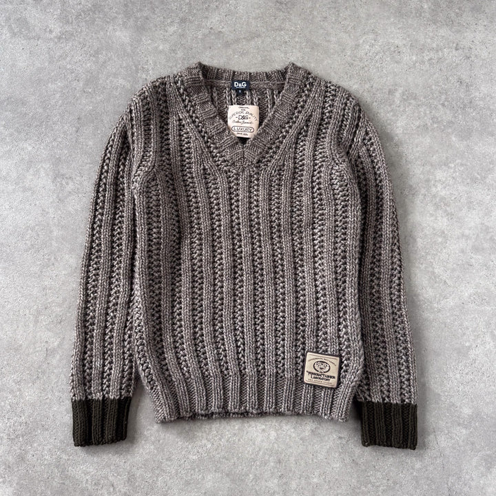 Dolce & Gabbana Chunky Knit V-Neck Jumper Brown & Green Men's S