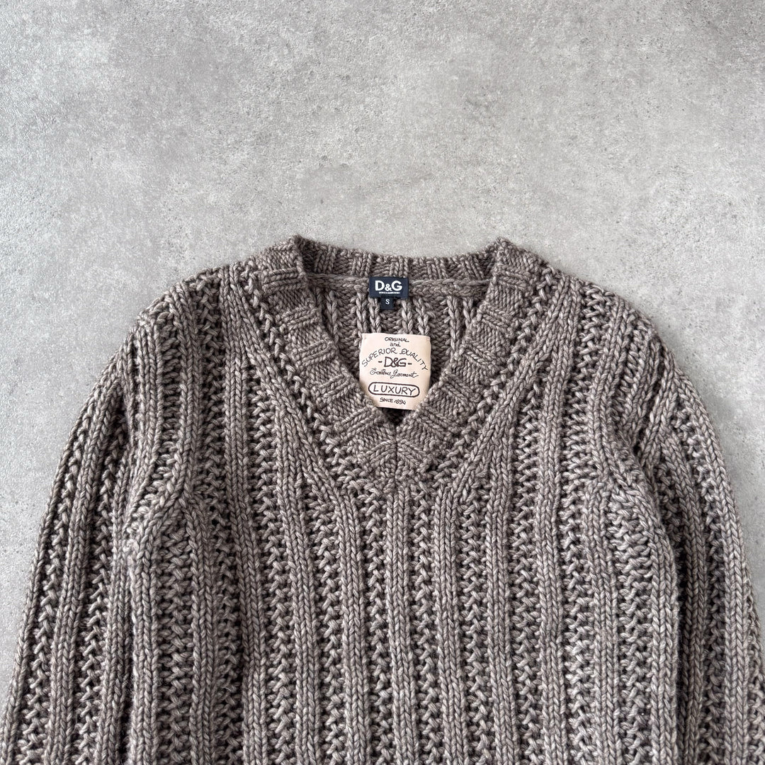 Dolce & Gabbana Chunky Knit V-Neck Jumper Brown & Green Men's S
