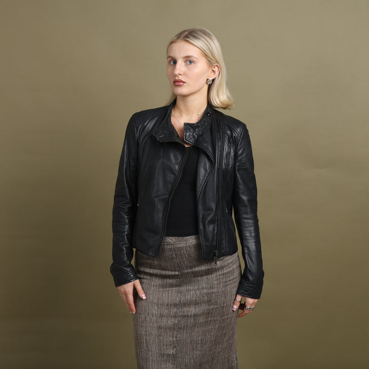 Armani Exchange Leather Biker Jacket Black Women's UK 8