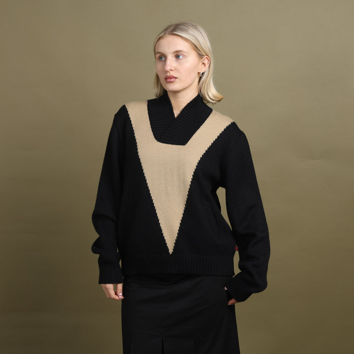 Dolce & Gabbana V-Neck Jumper Black & Beige Women's UK 12