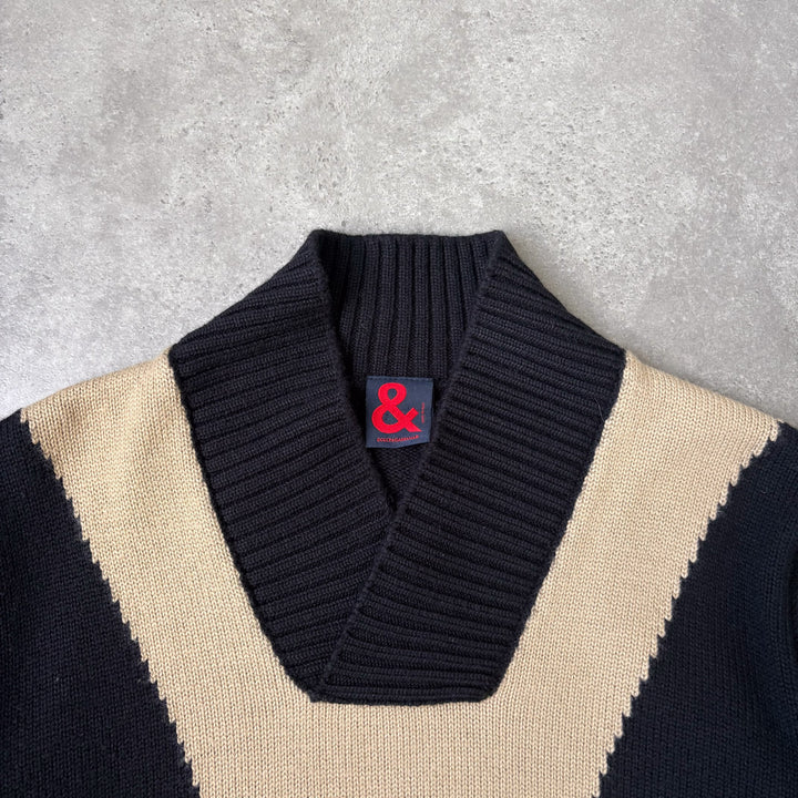 Dolce & Gabbana V-Neck Jumper Black & Beige Women's UK 12