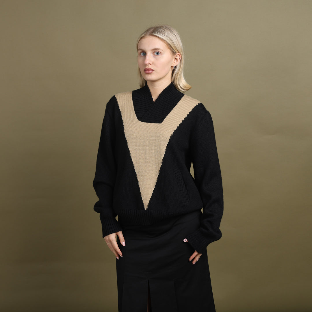 Dolce & Gabbana V-Neck Jumper Black & Beige Women's UK 12