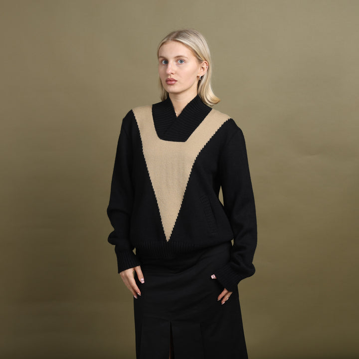 Dolce & Gabbana V-Neck Jumper Black & Beige Women's UK 12