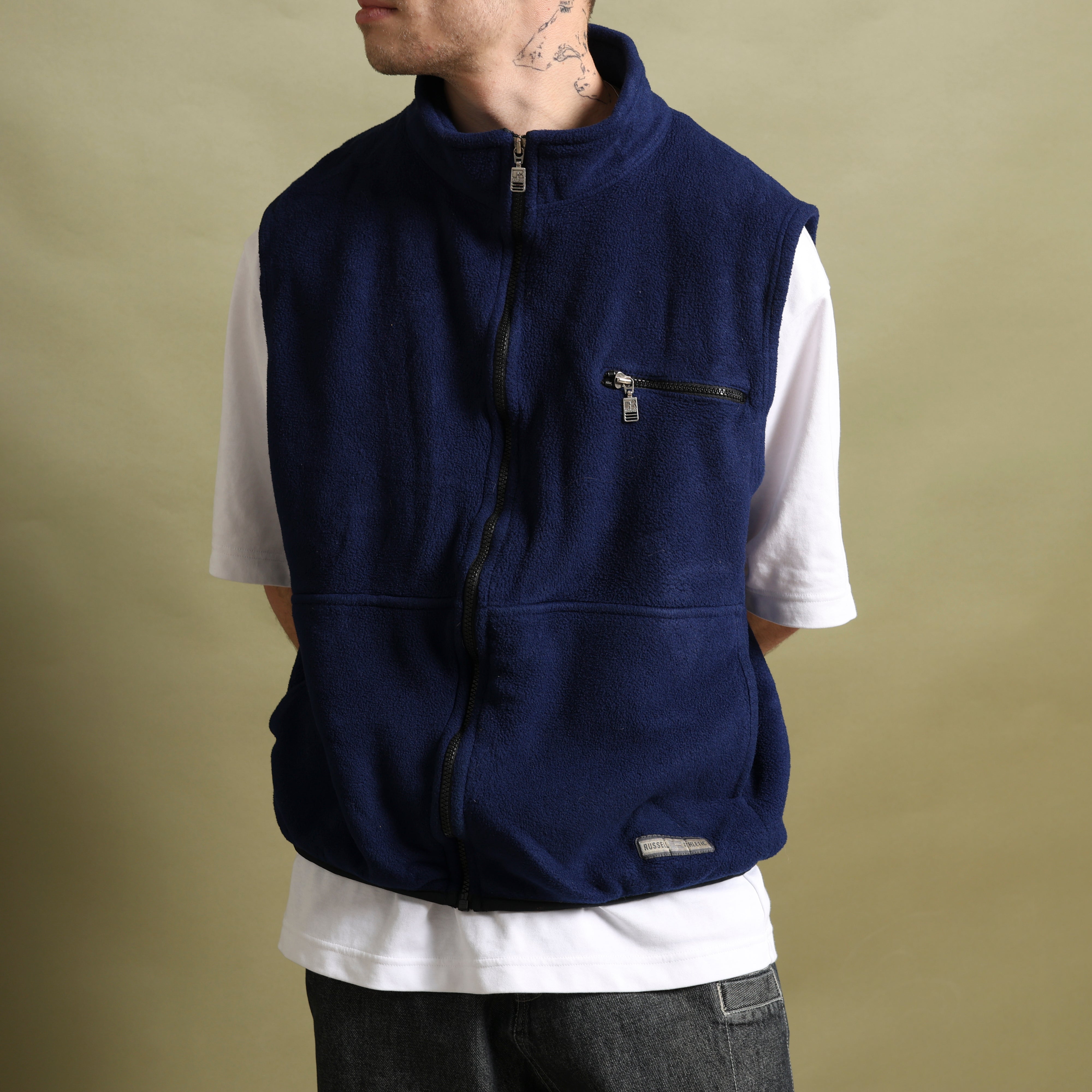 Vintage Russell Athletic Fleece Gilet XL Dark Blue Polyester