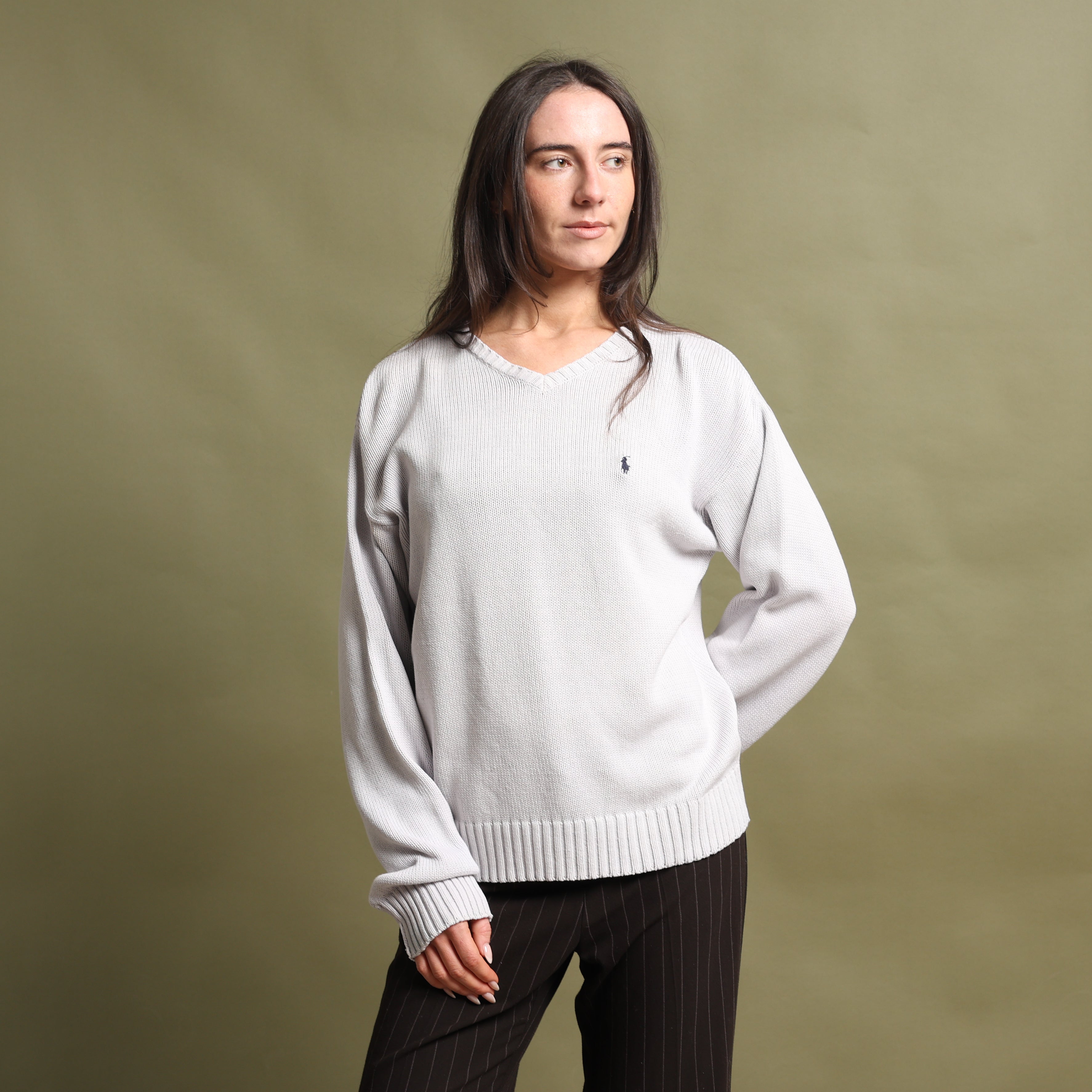 Vintage Polo Ralph Lauren V-Neck Jumper  L White Cotton