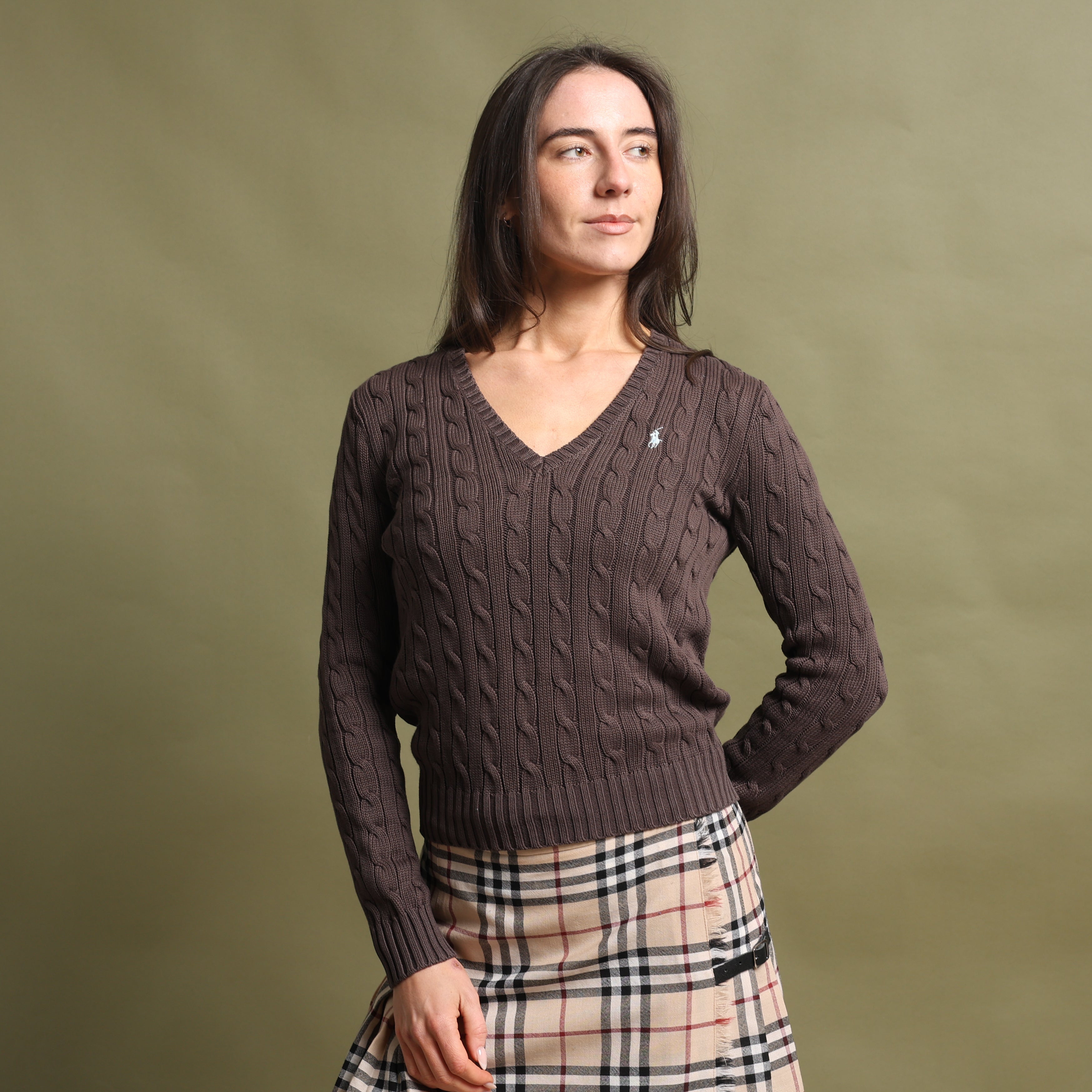 Vintage Polo Ralph Lauren V-Neck Jumper  M Brown Cotton