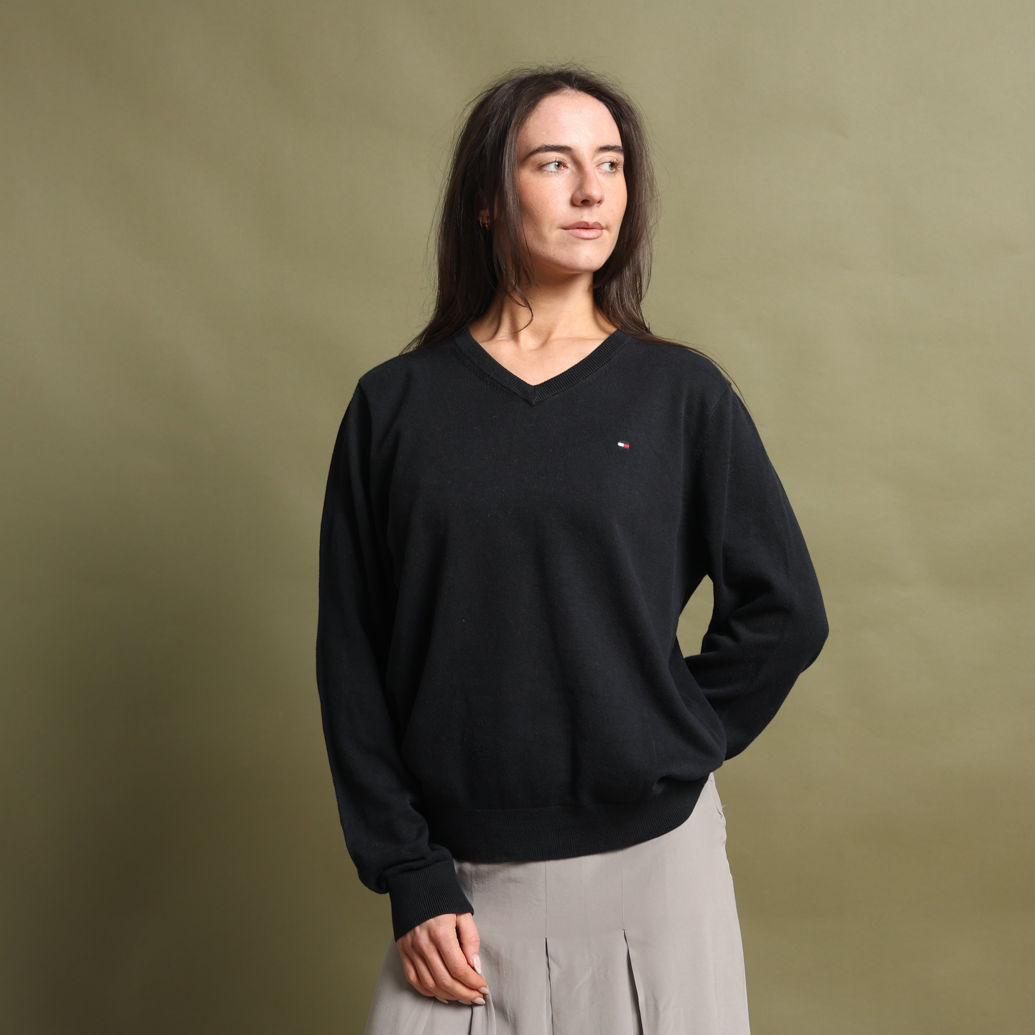 Vintage Tommy Hilfiger V-Neck Jumper  L Black Cotton