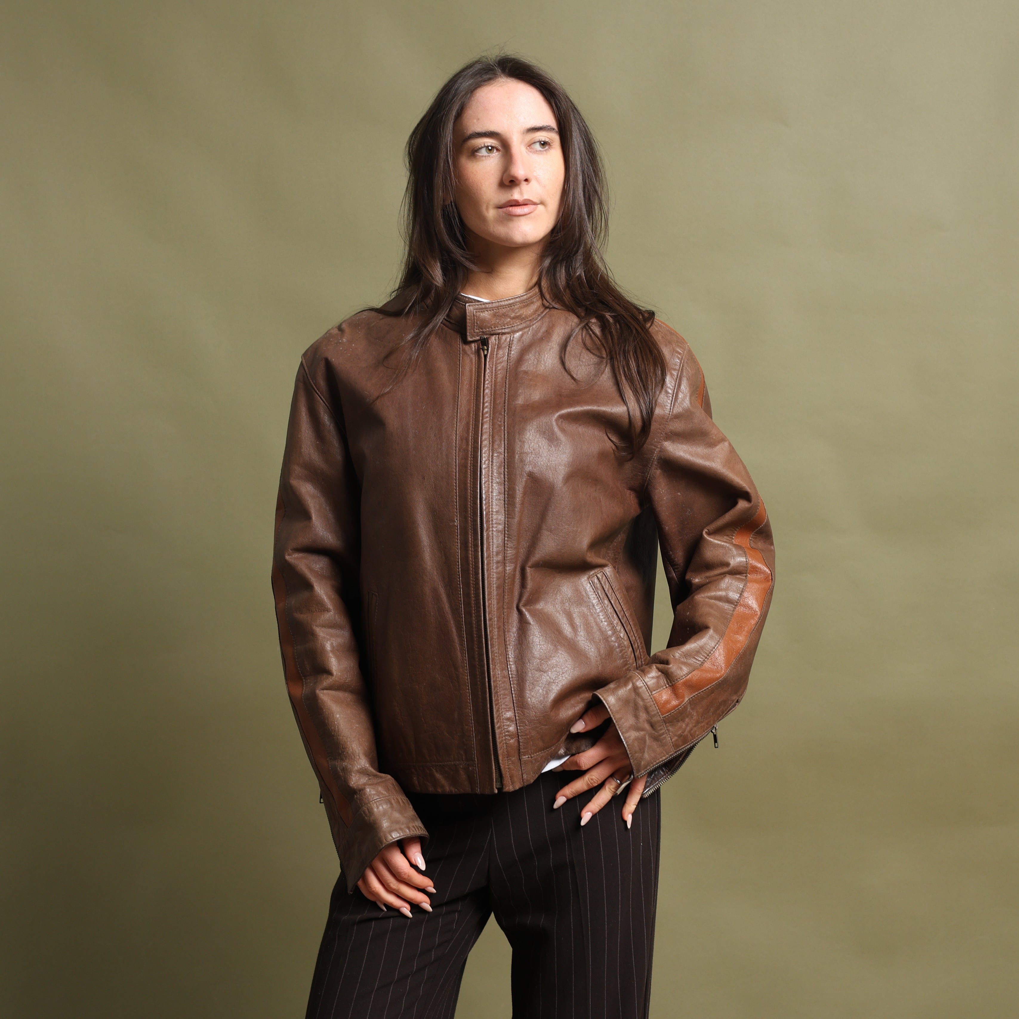 Vintage Y2K Leather Bomber Jacket L Brown Leather