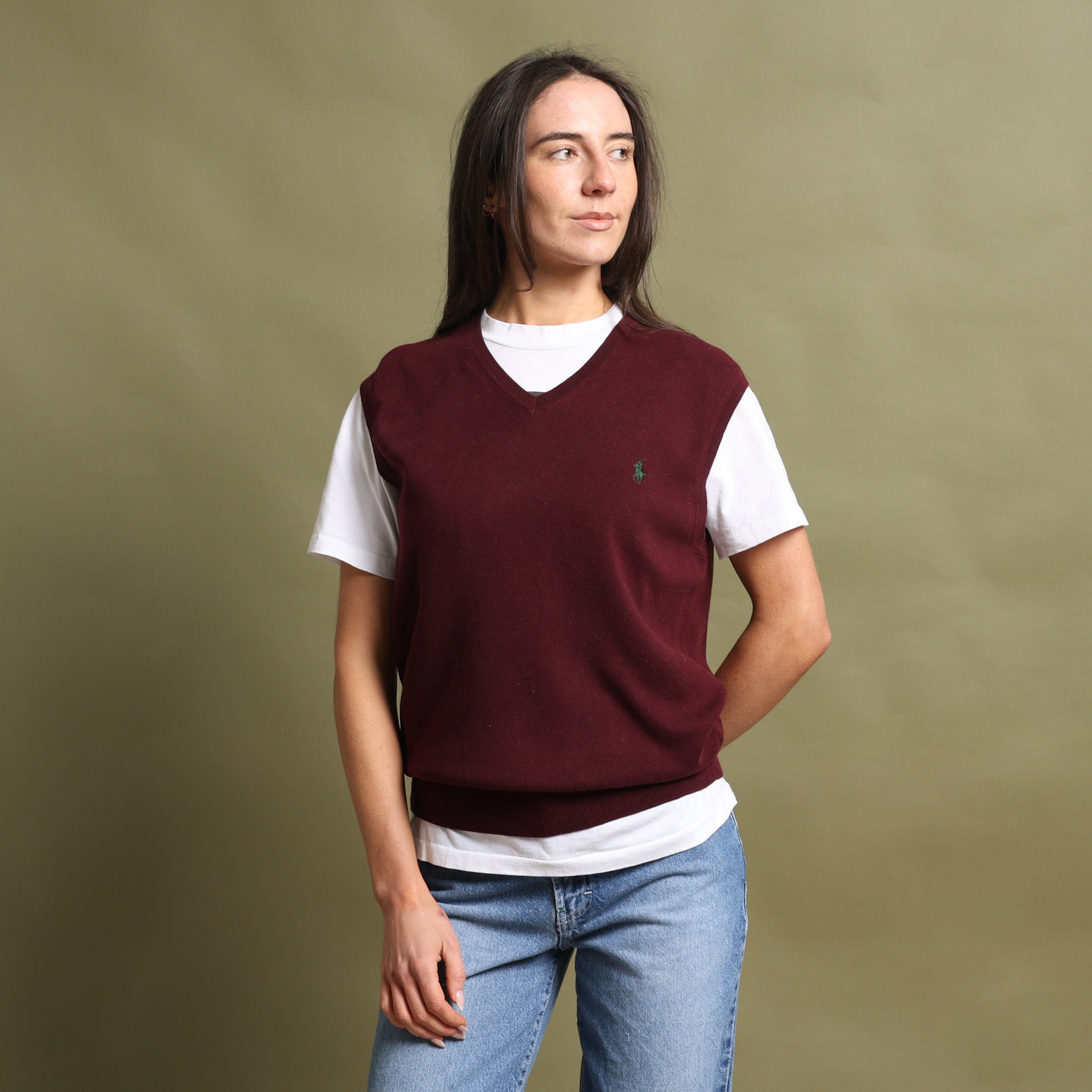 Vintage Polo Ralph Lauren Sleeveless V-Neck Jumper  M Burgandy Cotton