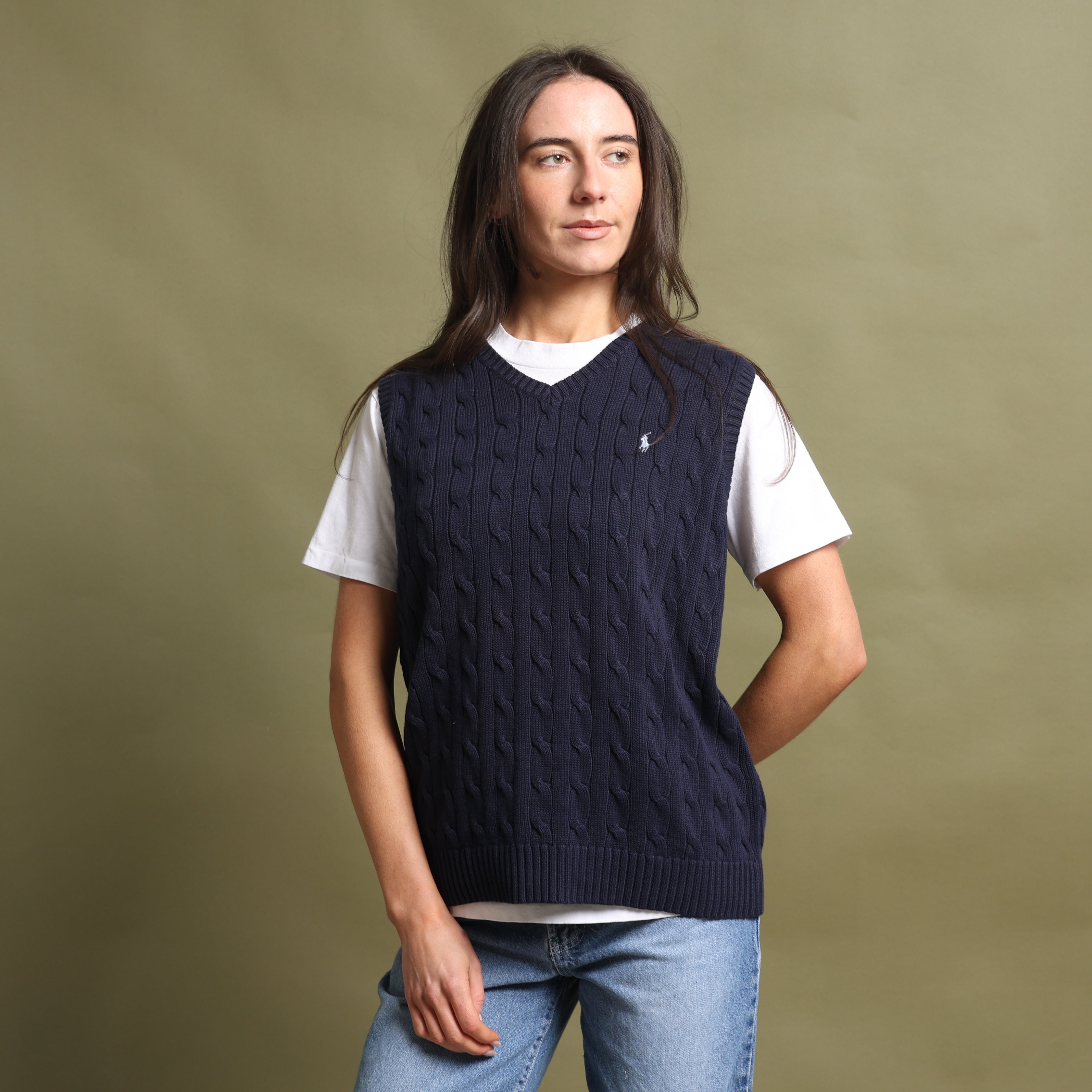 Vintage Polo Ralph Lauren V-Neck Jumper  L Navy Blue Cotton