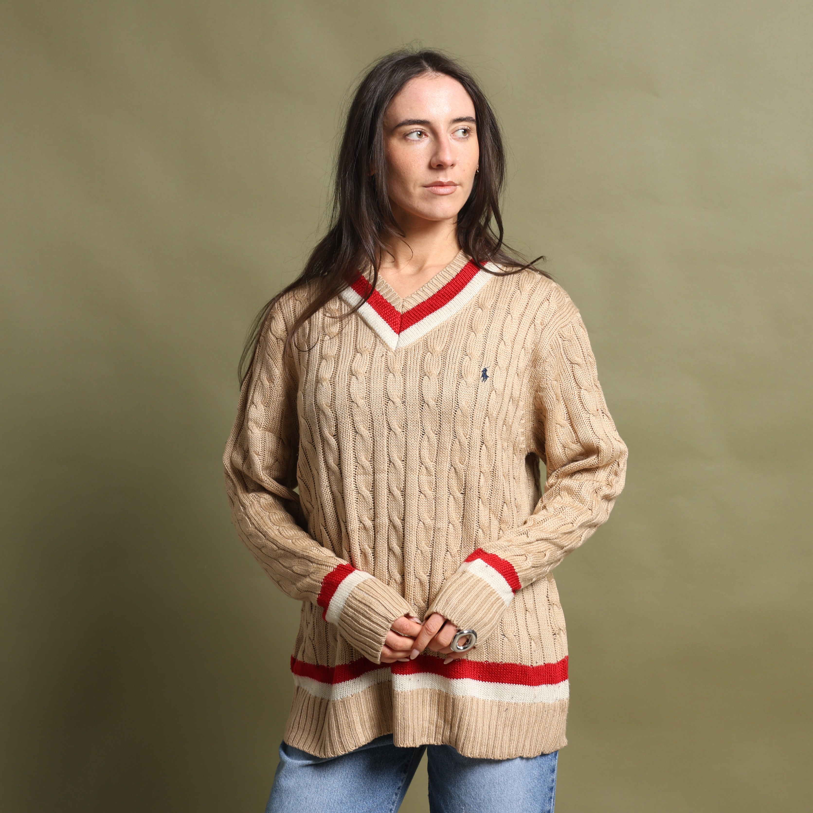 Vintage Polo Ralph Lauren V-Neck Jumper  XL Beige Cotton