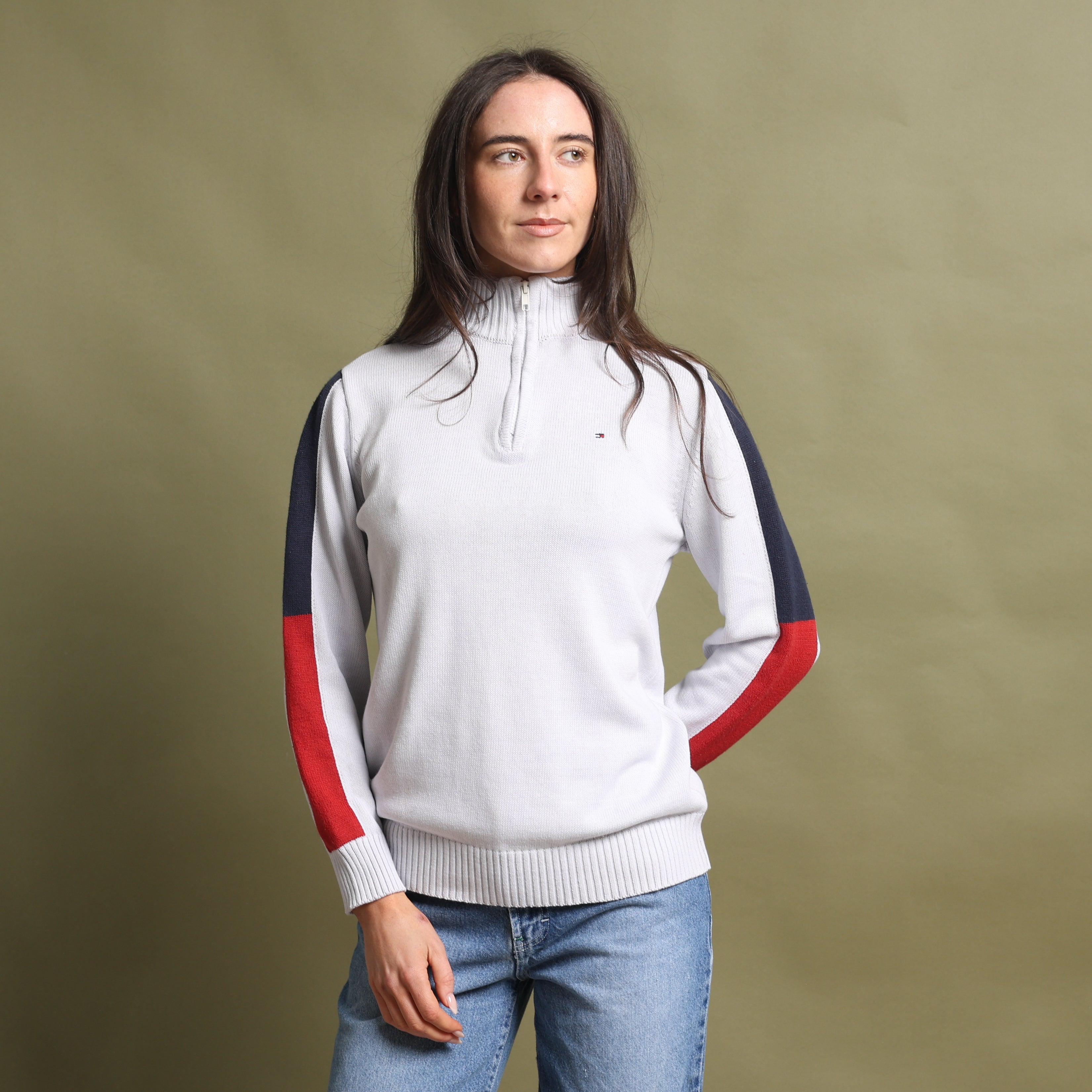 Vintage Tommy Hilfiger 1/4 Zip Jumper  S Off-white Cotton