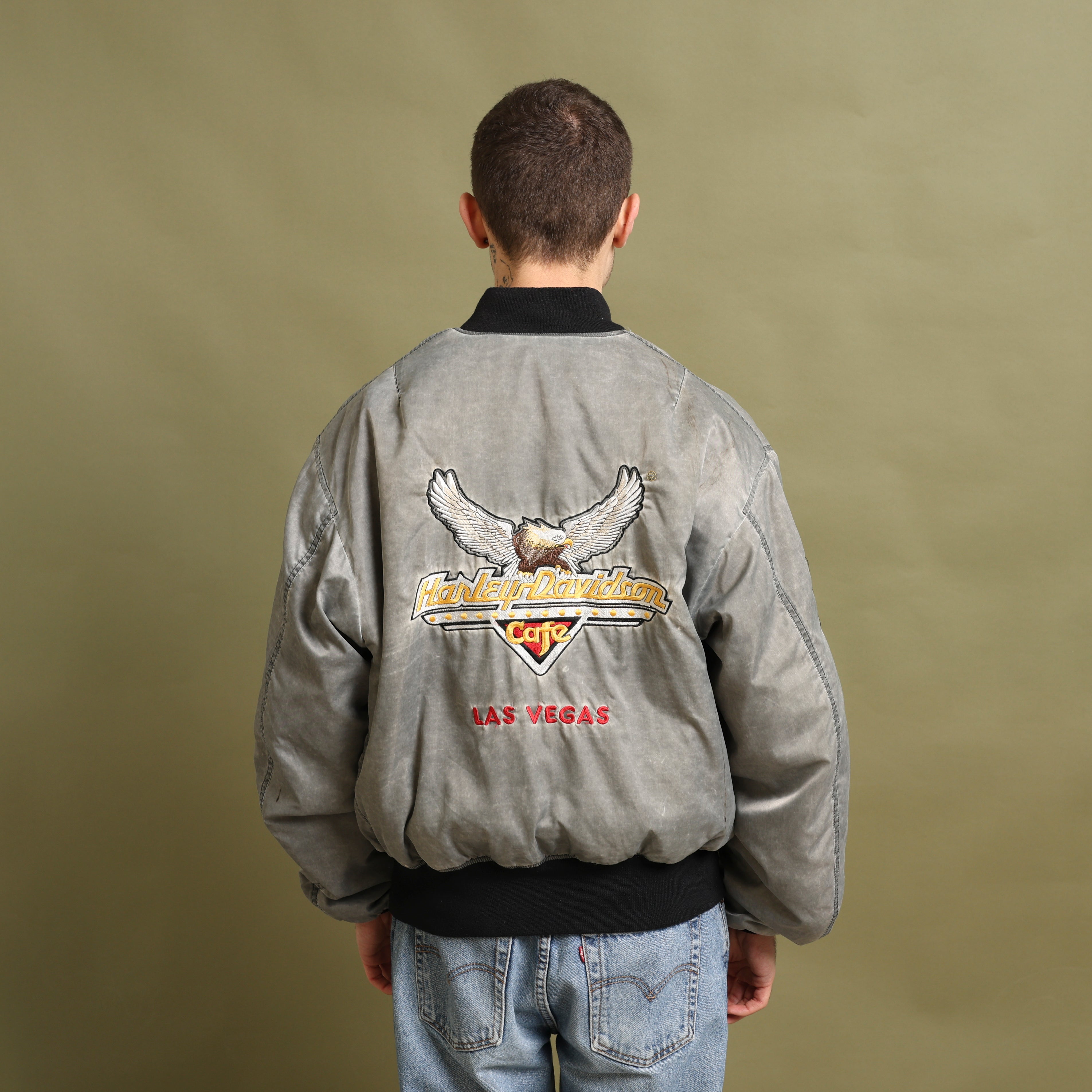 Vintage Harley Davidson Bomber Jacket M Grey Polyester