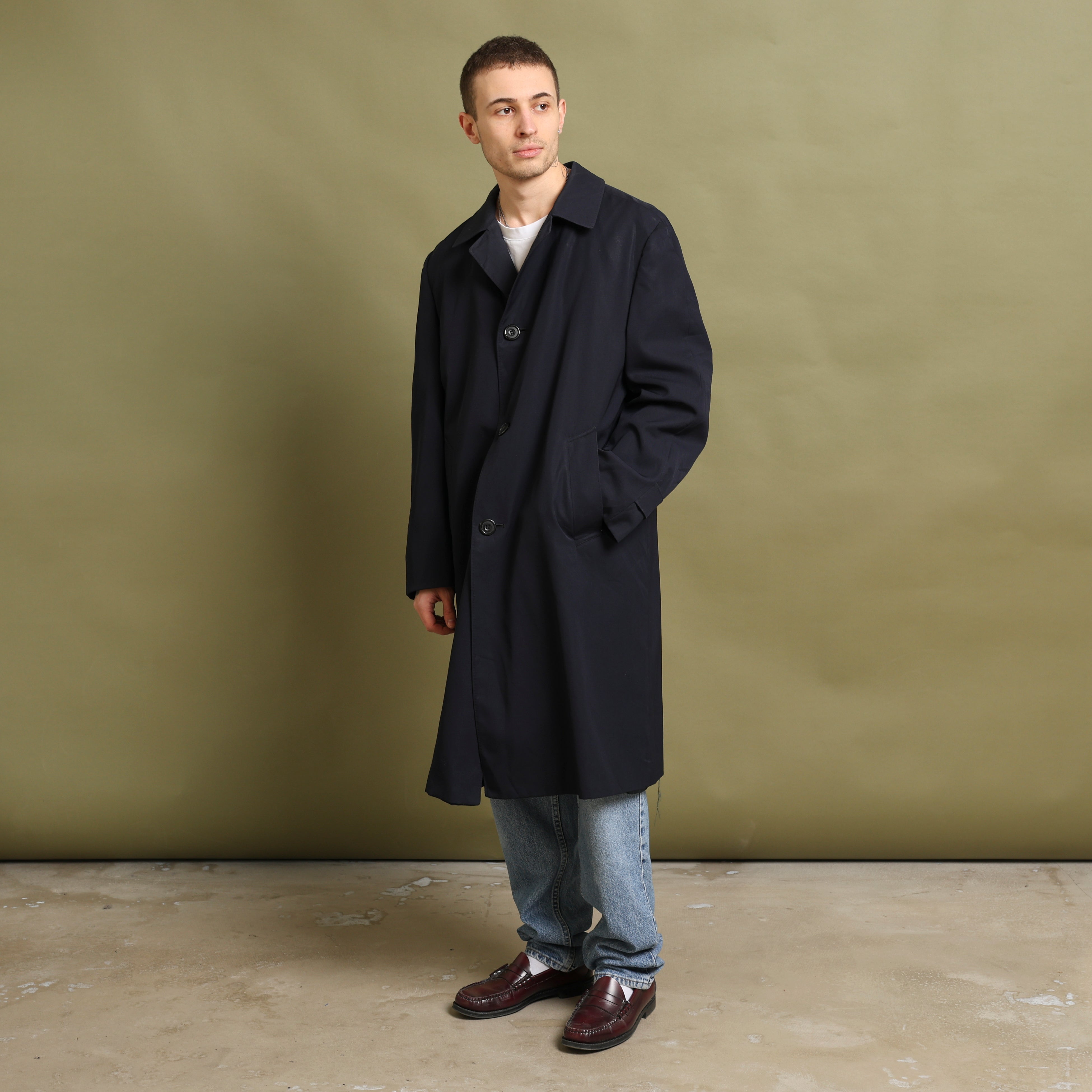 Vintage Aquascutum Overcoat M Navy Blue Cotton