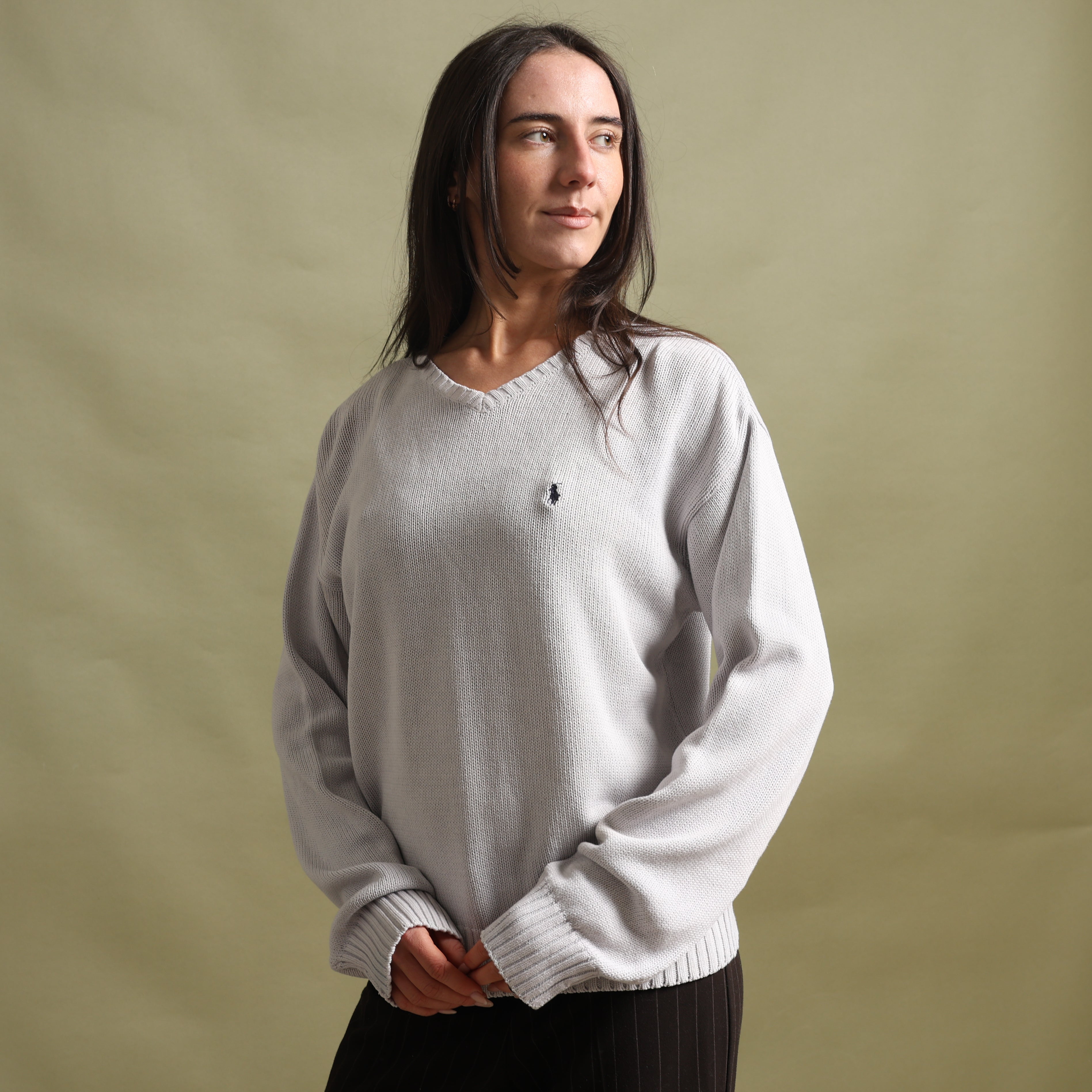 Vintage Polo Ralph Lauren V-Neck Jumper  L White Cotton