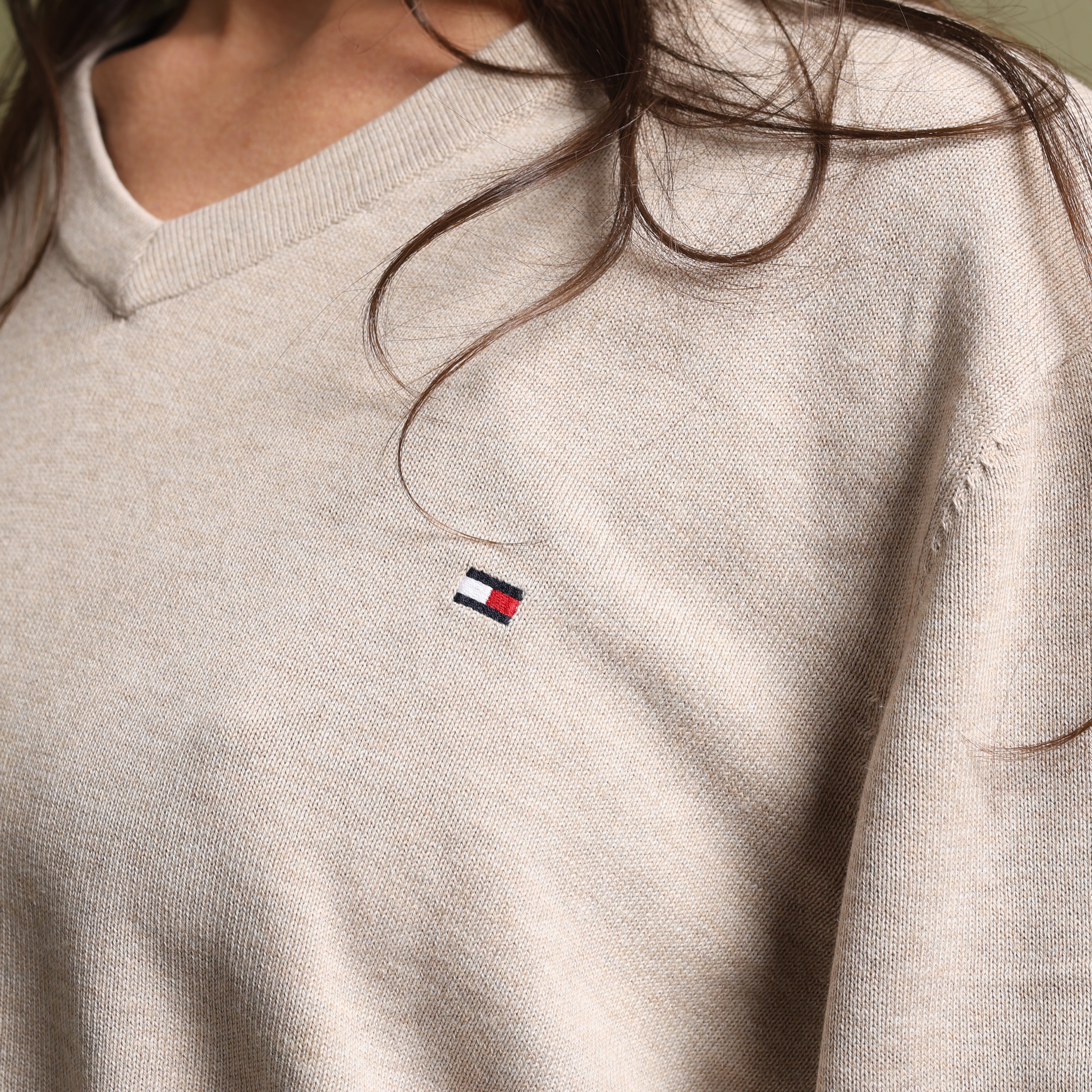 Vintage Tommy Hilfiger V-Neck Jumper  M Beige Cotton