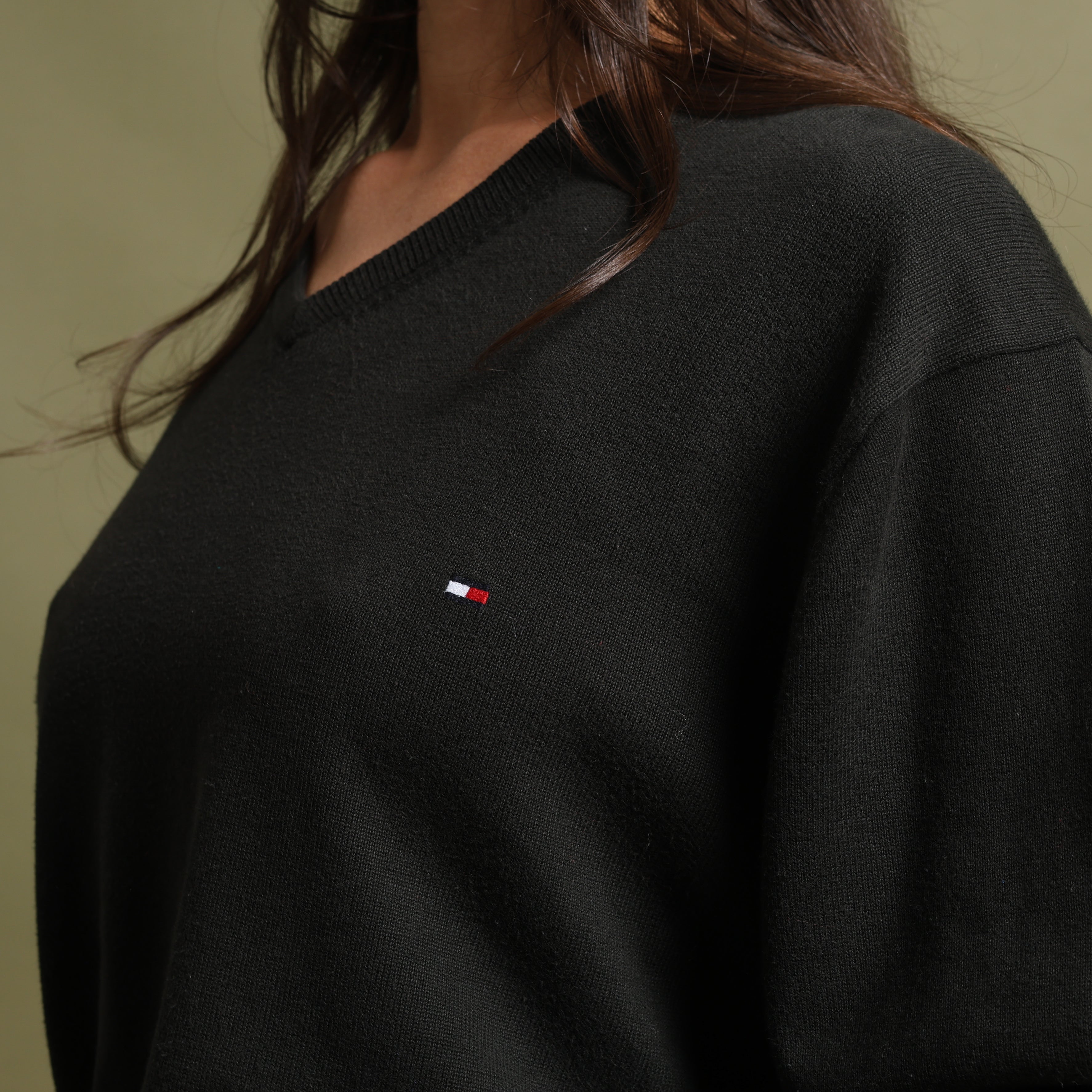 Vintage Tommy Hilfiger V-Neck Jumper  XL Black Cotton