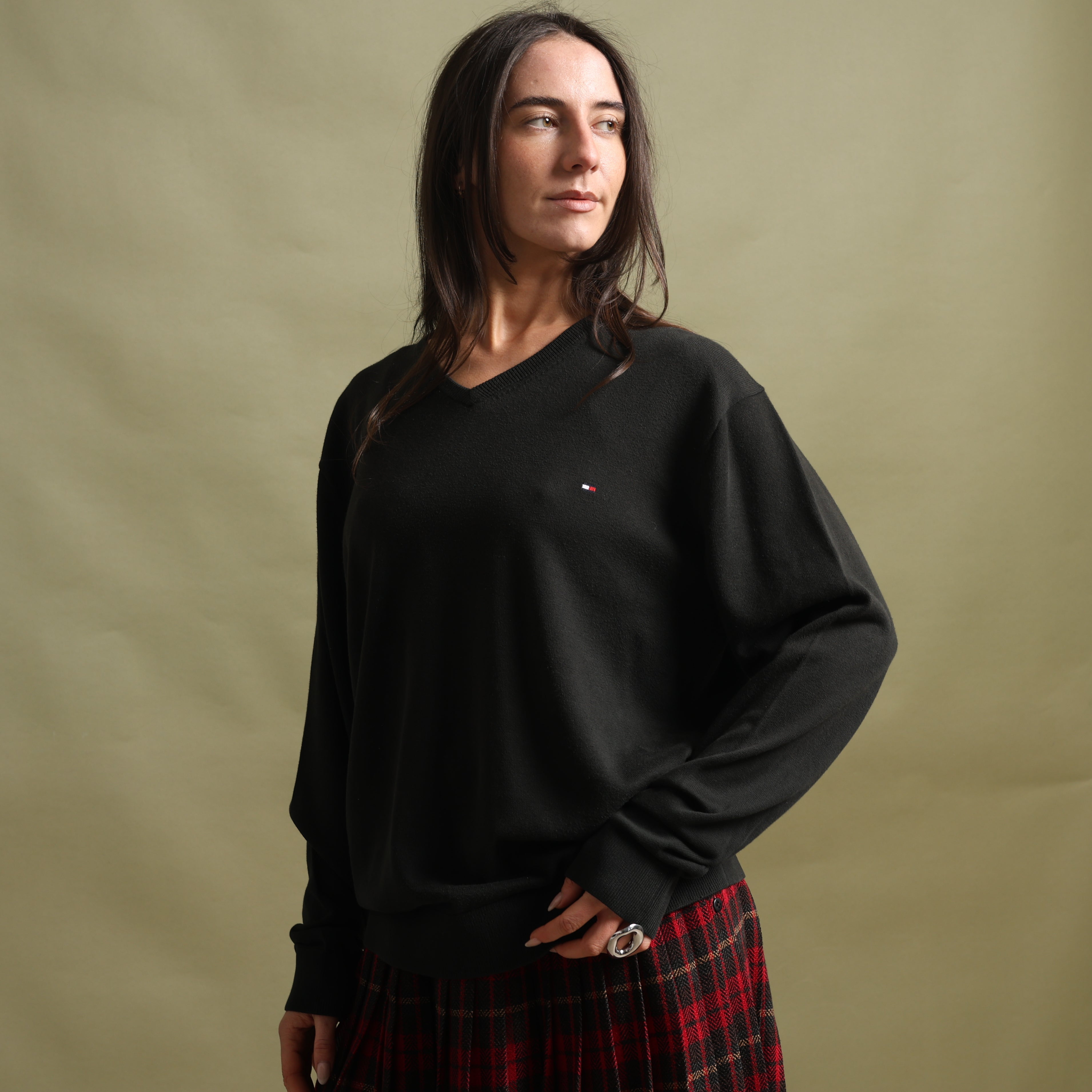 Vintage Tommy Hilfiger V-Neck Jumper  XL Black Cotton