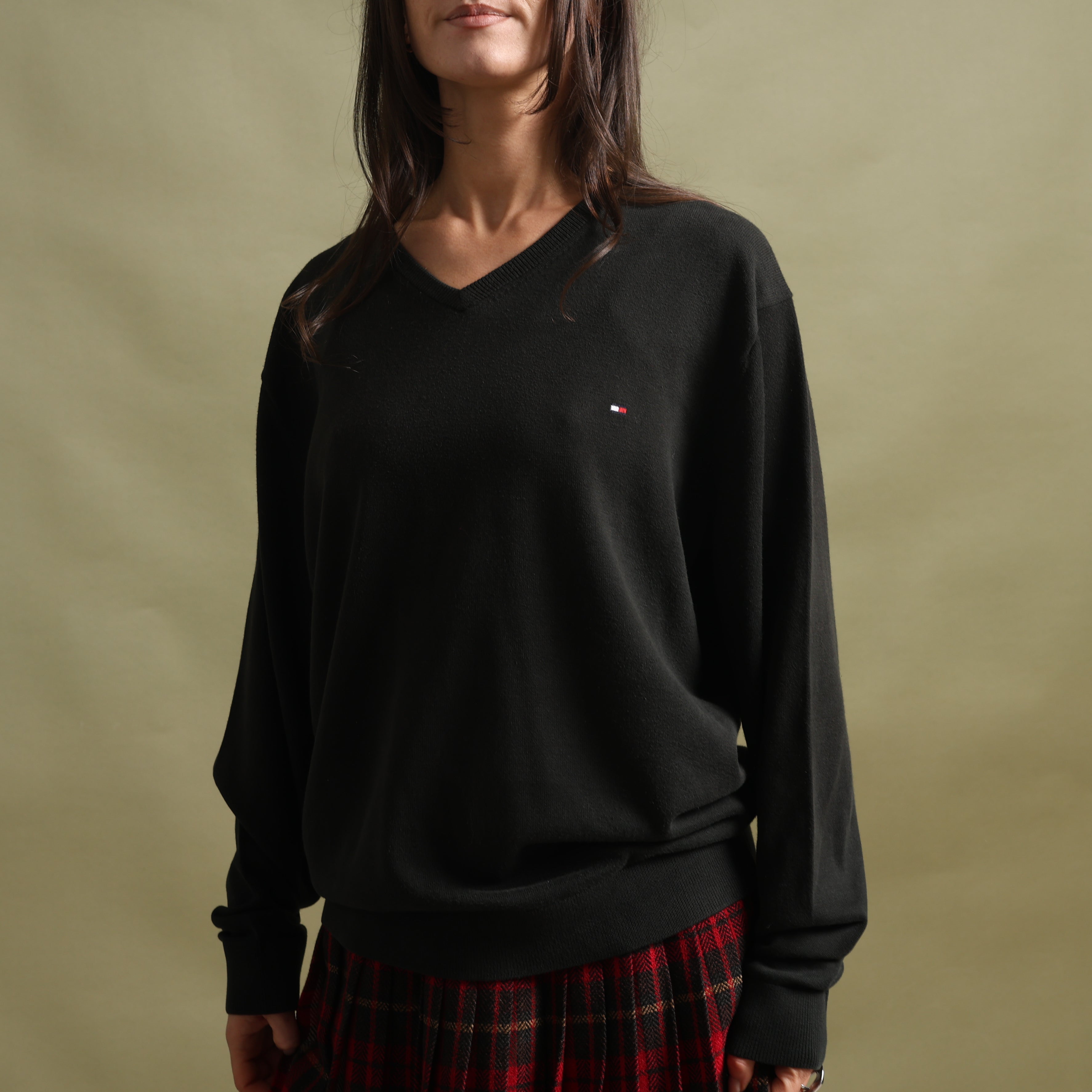 Vintage Tommy Hilfiger V-Neck Jumper  XL Black Cotton