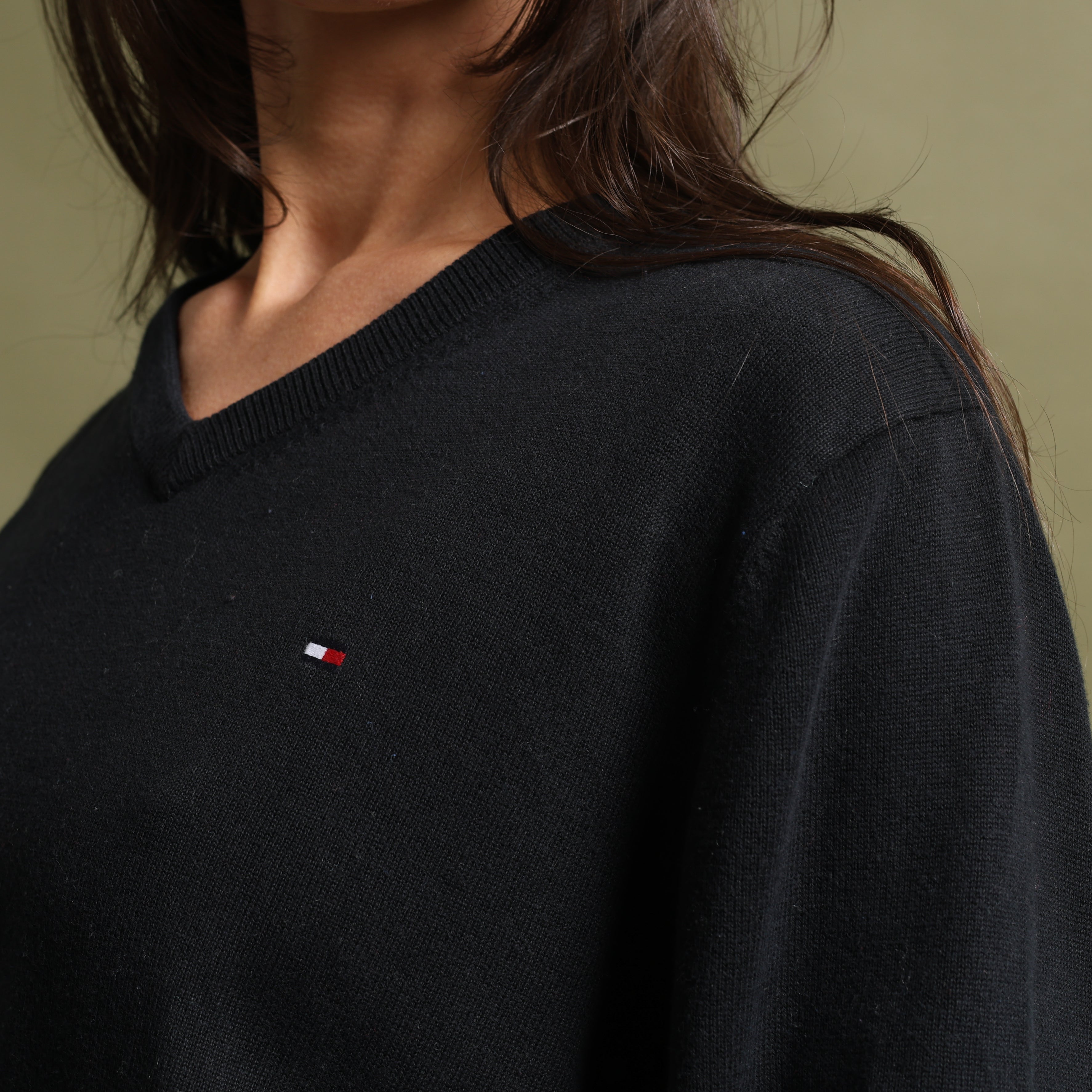 Vintage Tommy Hilfiger V-Neck Jumper  L Black Cotton