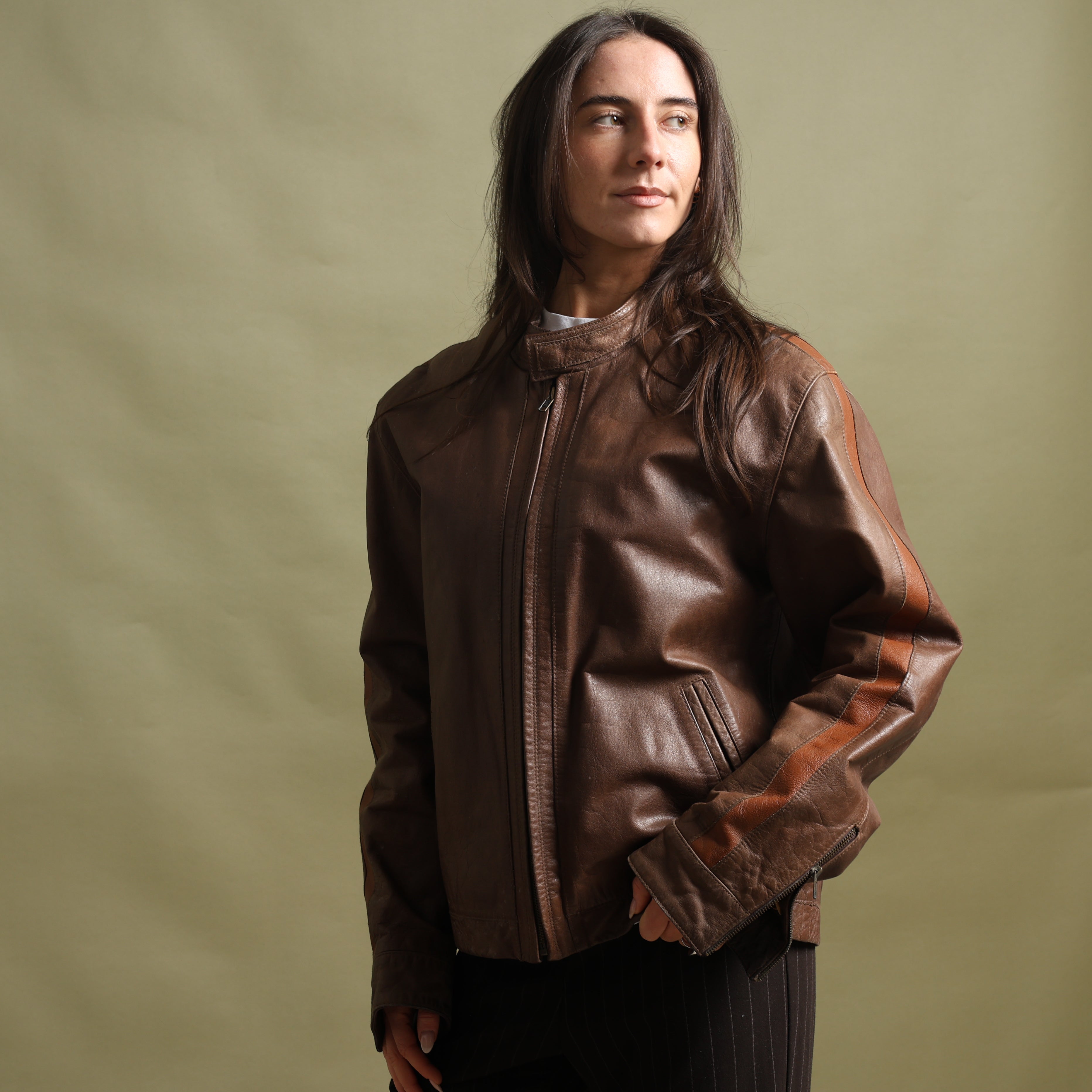 Vintage Y2K Leather Bomber Jacket L Brown Leather