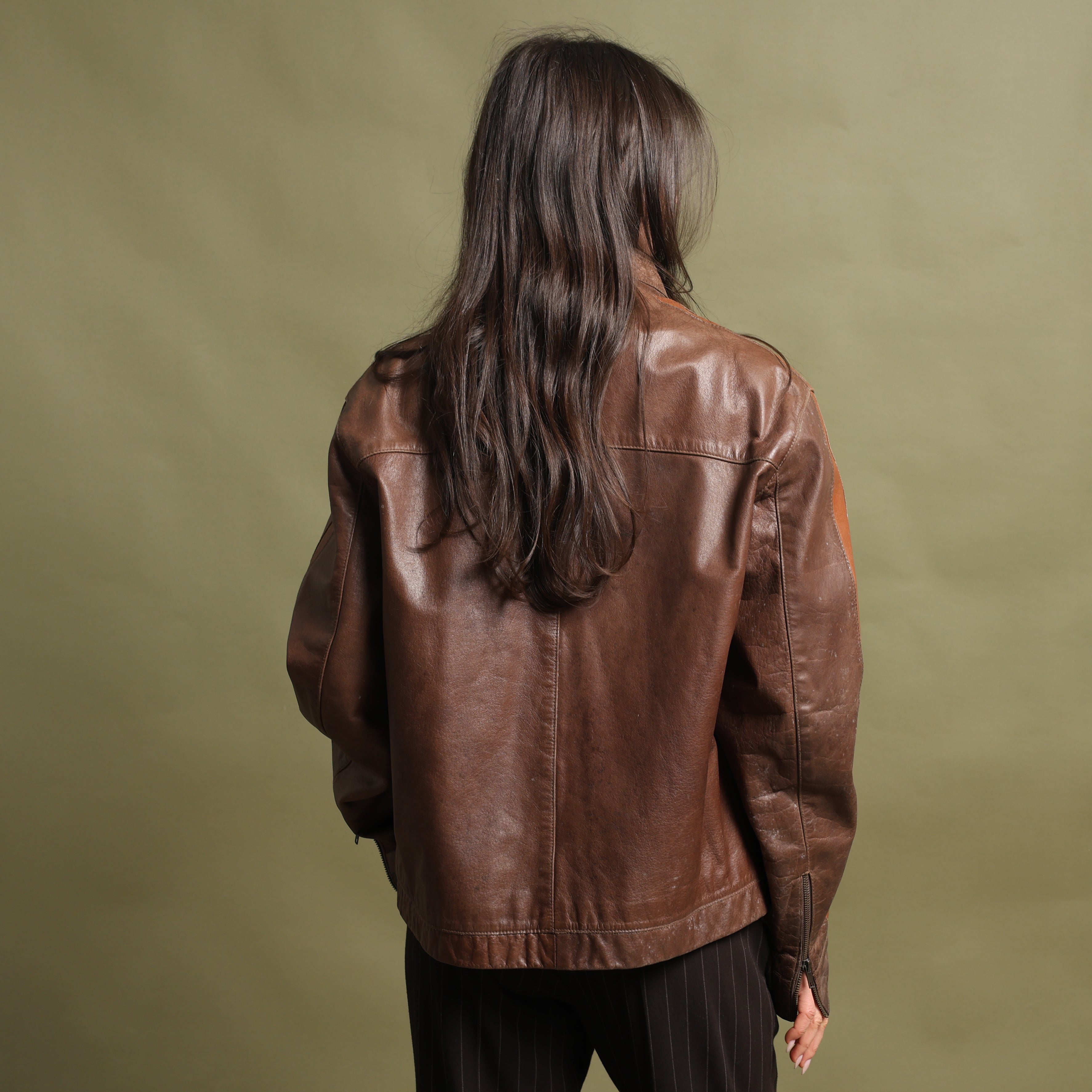 Vintage Y2K Leather Bomber Jacket L Brown Leather