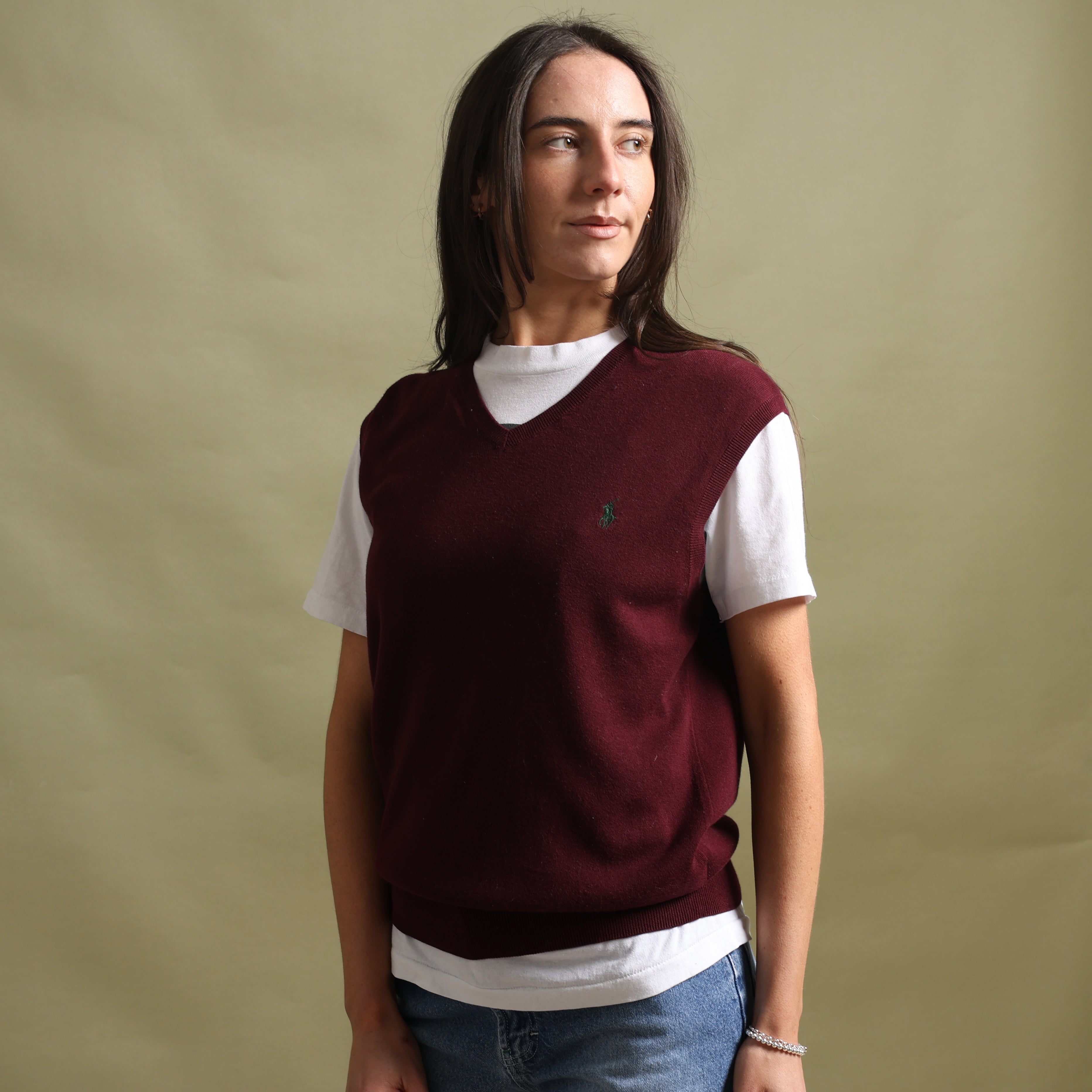 Vintage Polo Ralph Lauren Sleeveless V-Neck Jumper  M Burgandy Cotton