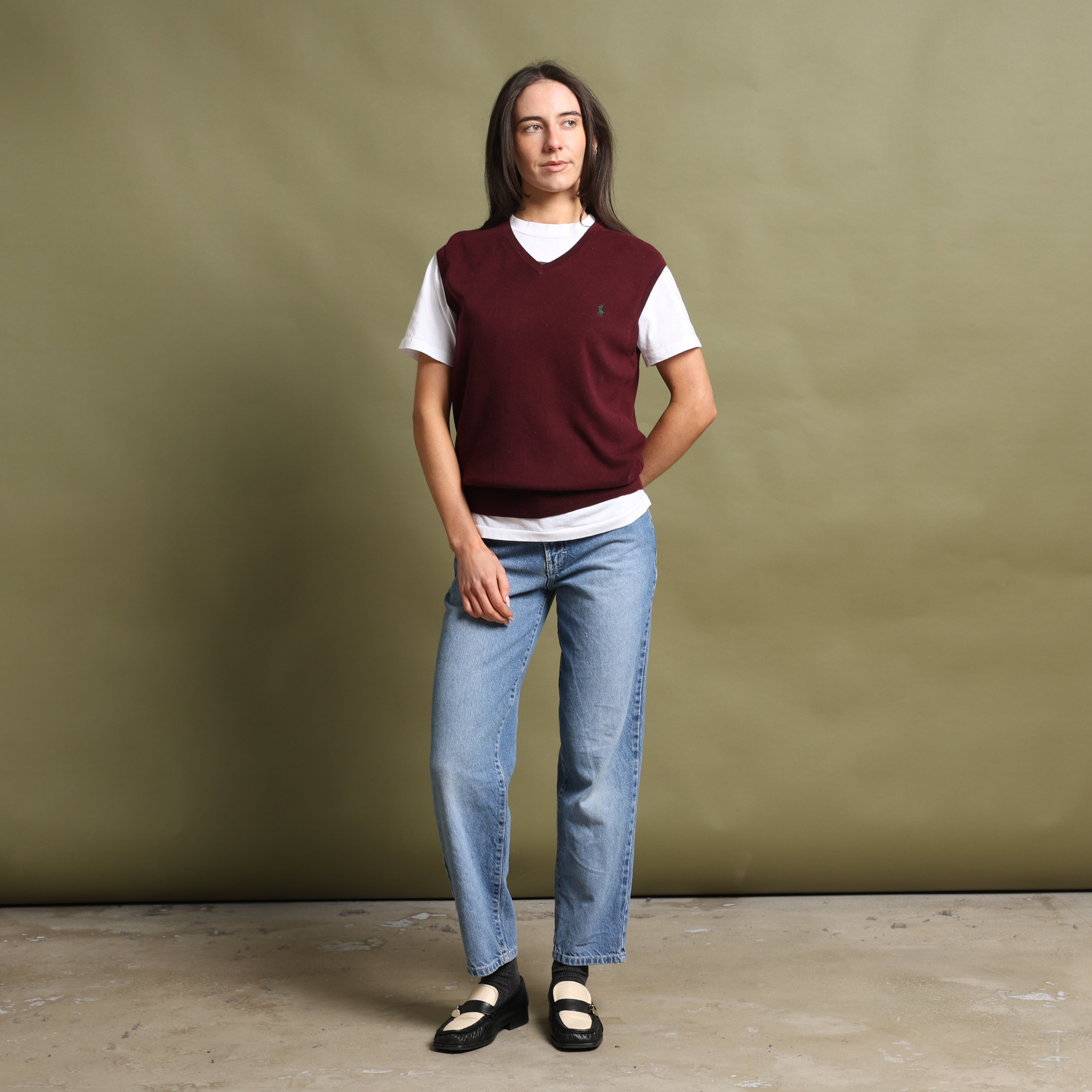 Vintage Polo Ralph Lauren Sleeveless V-Neck Jumper  M Burgandy Cotton