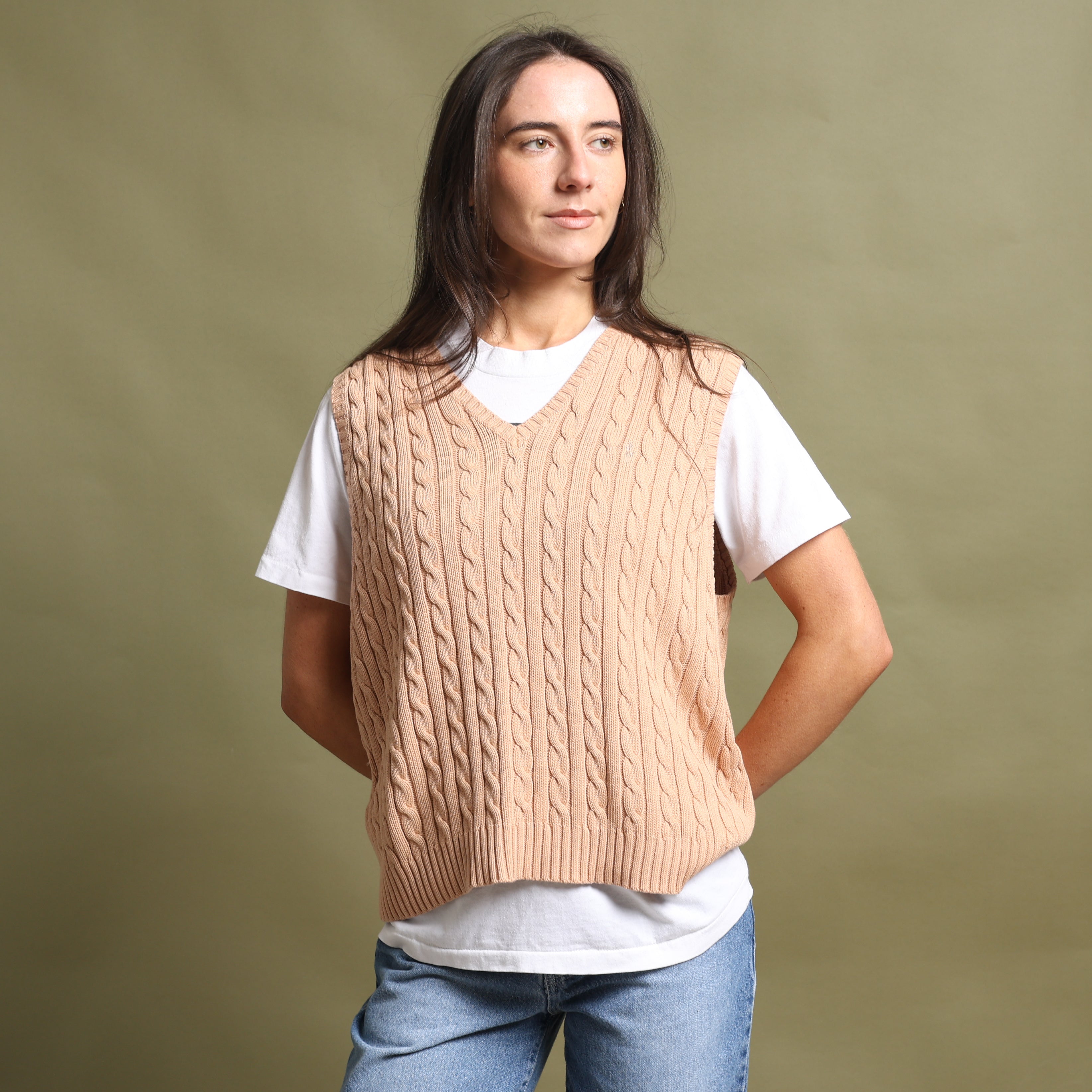 Vintage Ralph Lauren V-Neck Jumper  L Beige Cotton