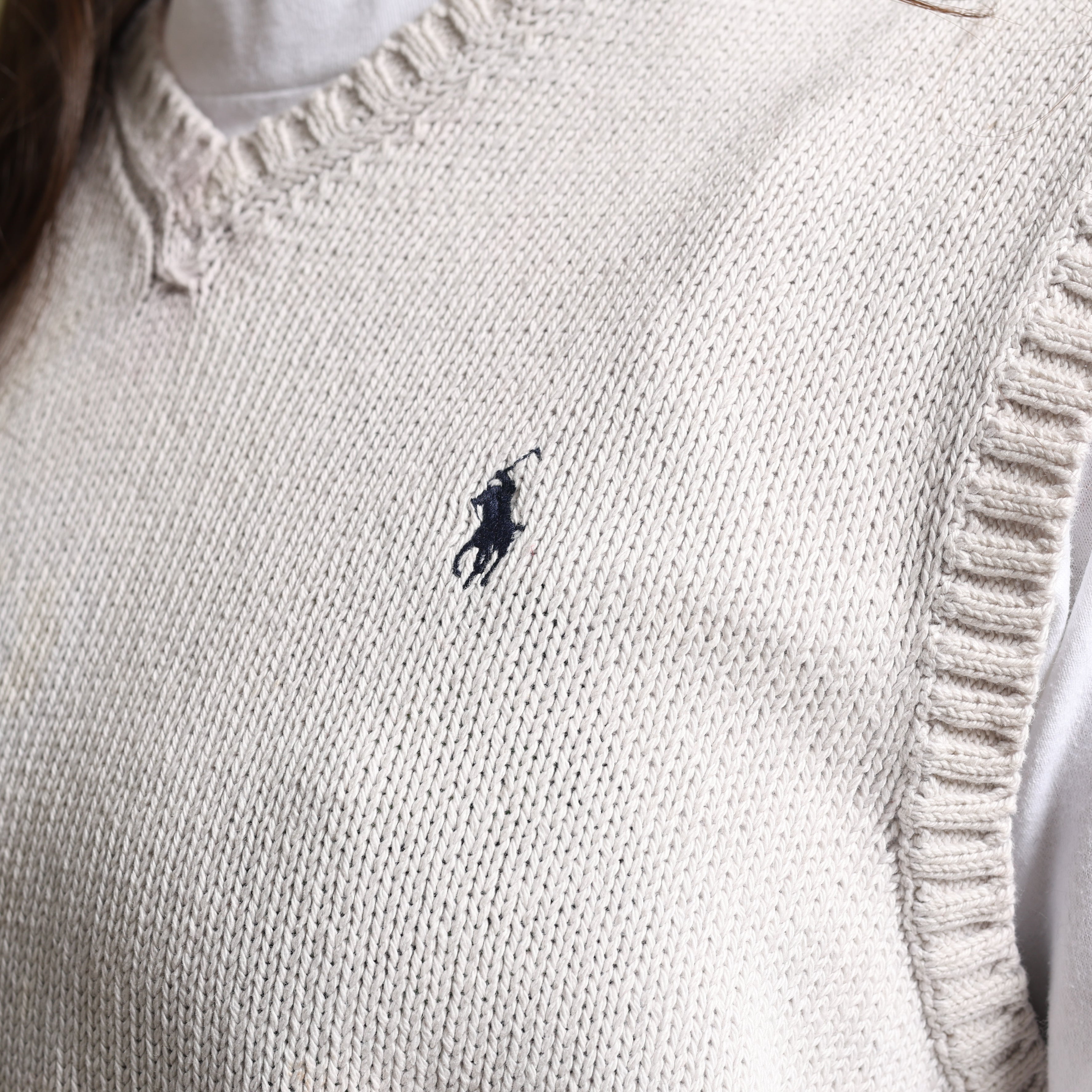 Vintage Polo Ralph Lauren V-Neck Jumper  L Off-white Cotton