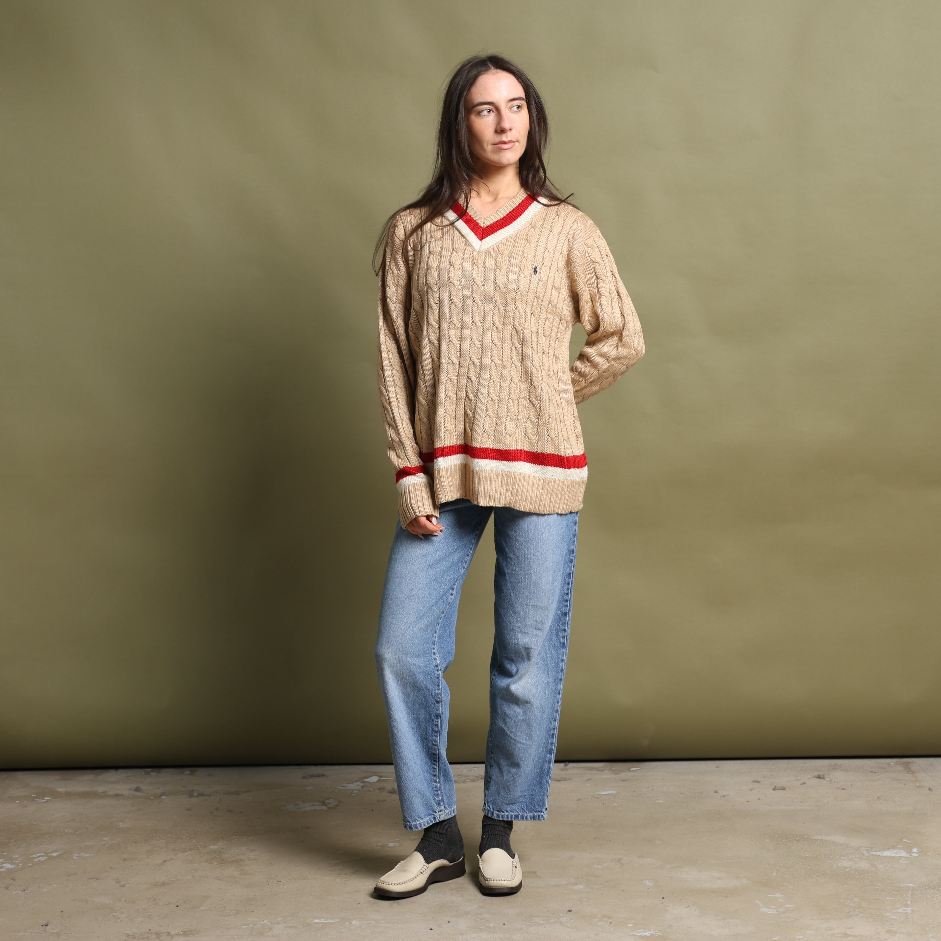 Vintage Polo Ralph Lauren V-Neck Jumper  XL Beige Cotton