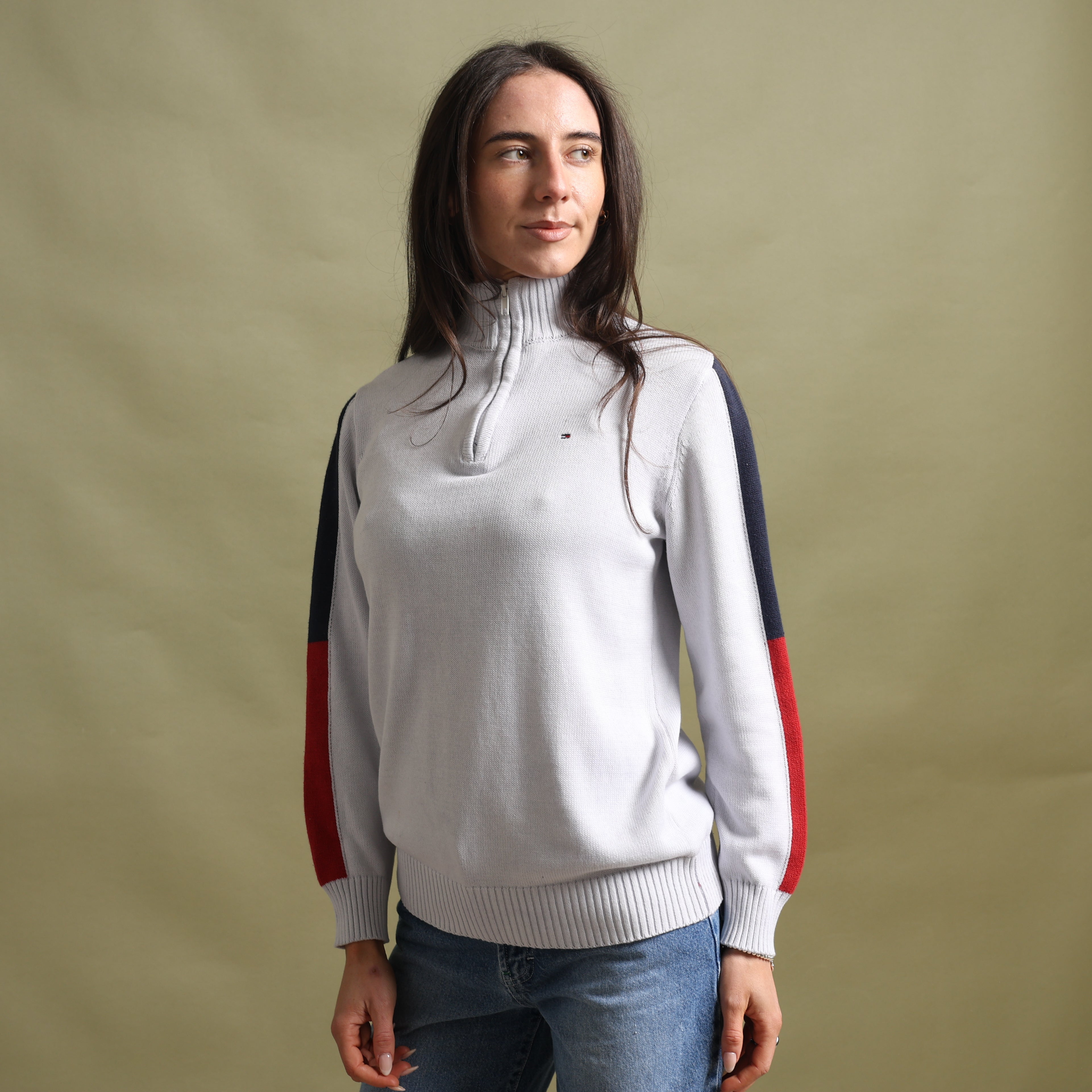 Vintage Tommy Hilfiger 1/4 Zip Jumper  S Off-white Cotton