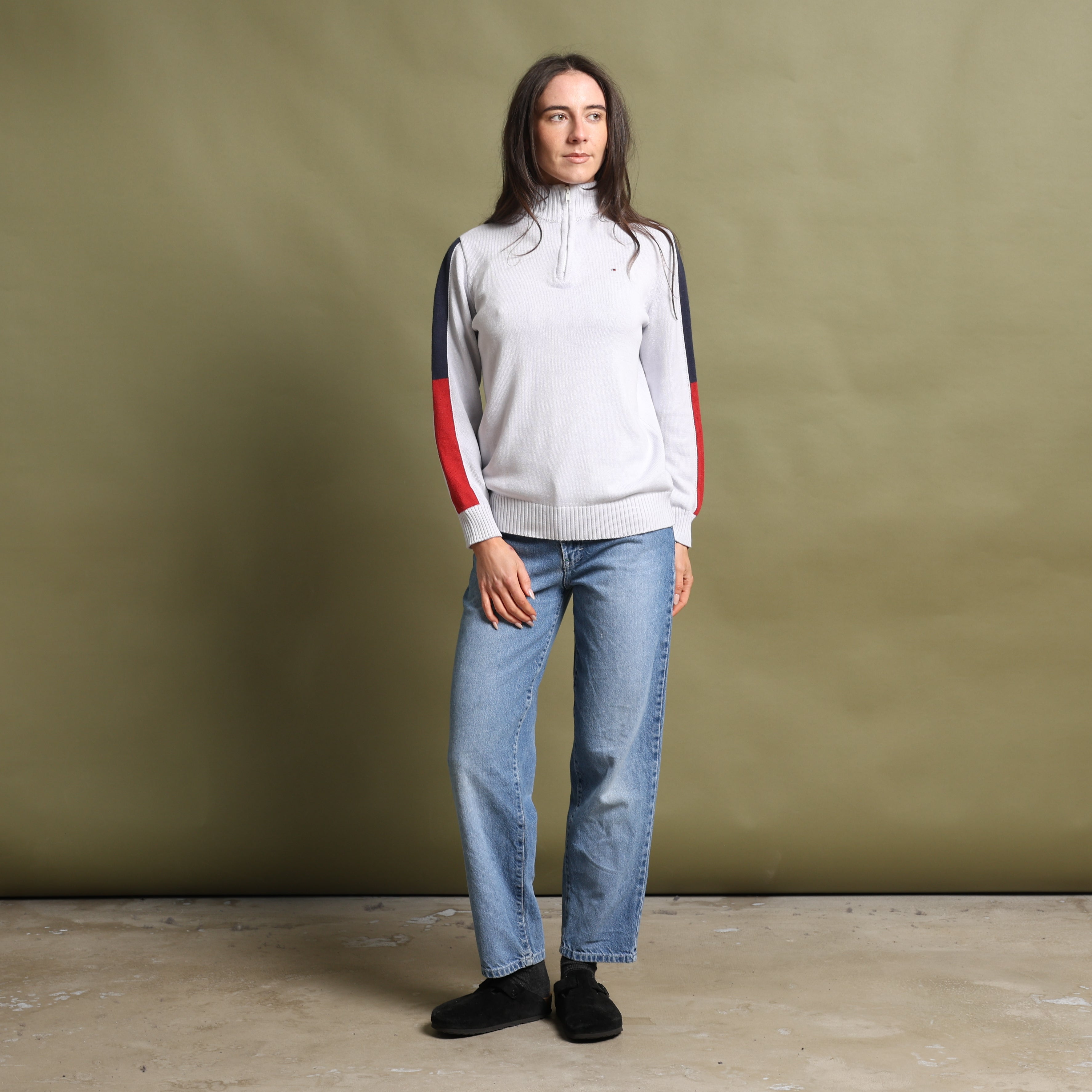 Vintage Tommy Hilfiger 1/4 Zip Jumper  S Off-white Cotton