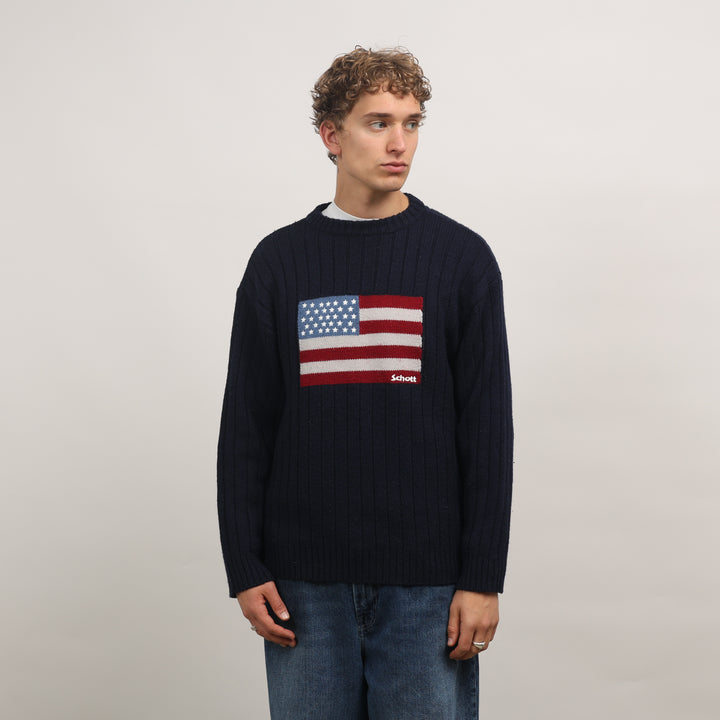 Schott Crewneck Jumper - Medium Navy Blue Wool Blend