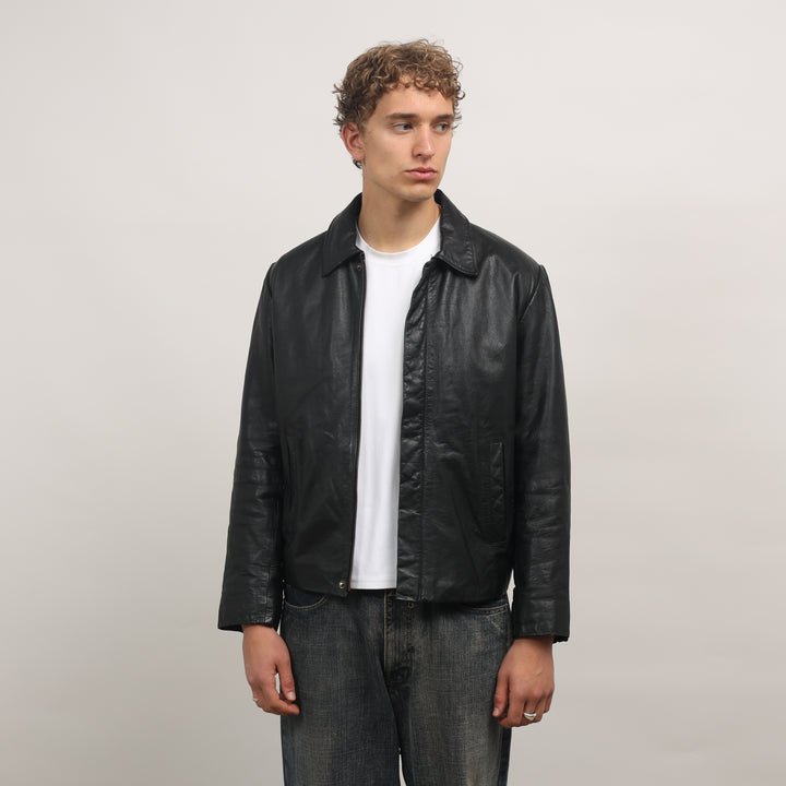 90's Leather Bomber Jacket - Large Black Leather