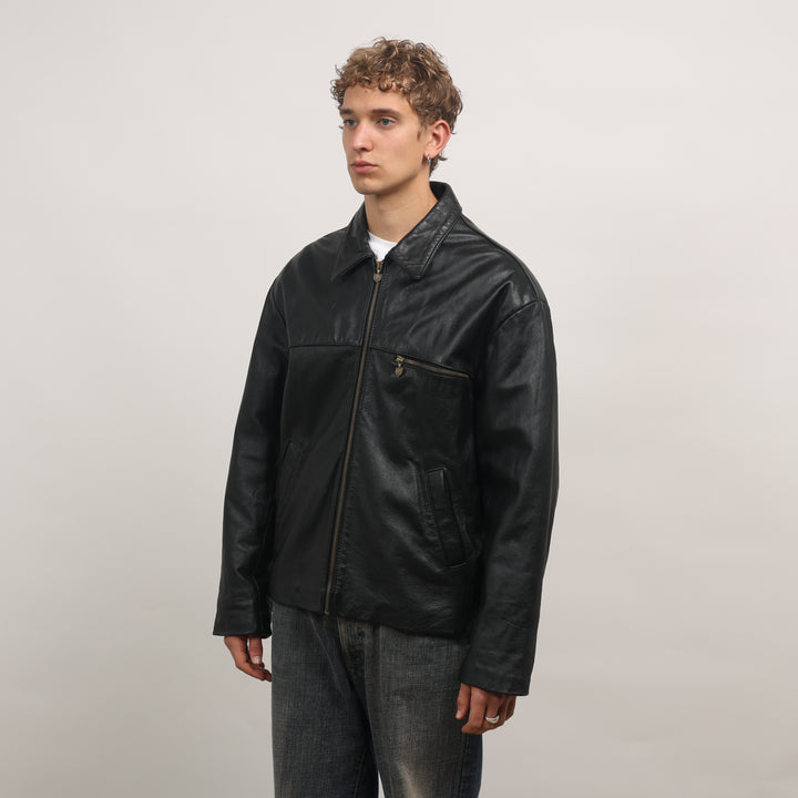 90's Leather Bomber Jacket - Large Black Leather
