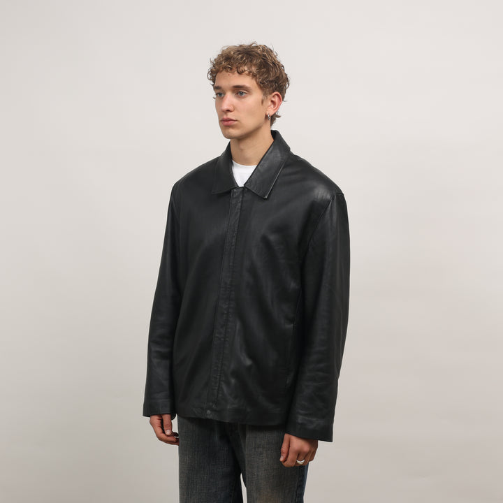 90's Leather Bomber Jacket - XL Black Leather