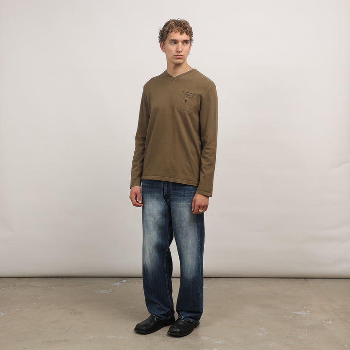 Yves Saint Laurent (YSL) Long Sleeve T-shirt - Large Khaki Green Cotton