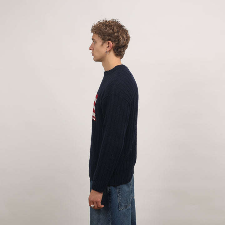 Schott Crewneck Jumper - Medium Navy Blue Wool Blend