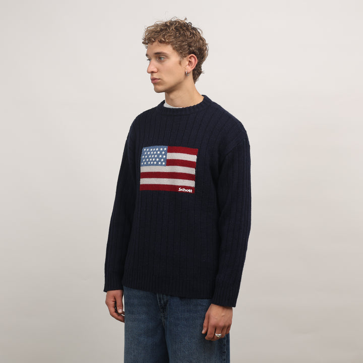 Schott Crewneck Jumper - Medium Navy Blue Wool Blend