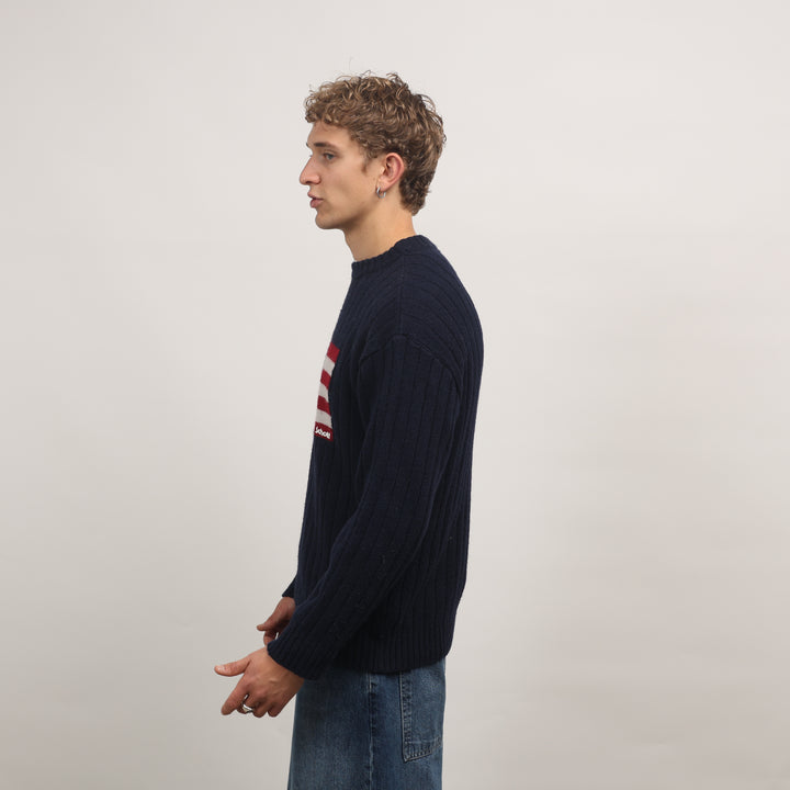 Schott Crewneck Jumper - Medium Navy Blue Wool Blend
