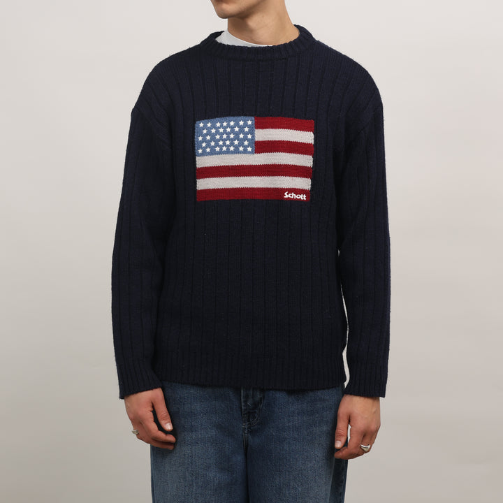 Schott Crewneck Jumper - Medium Navy Blue Wool Blend