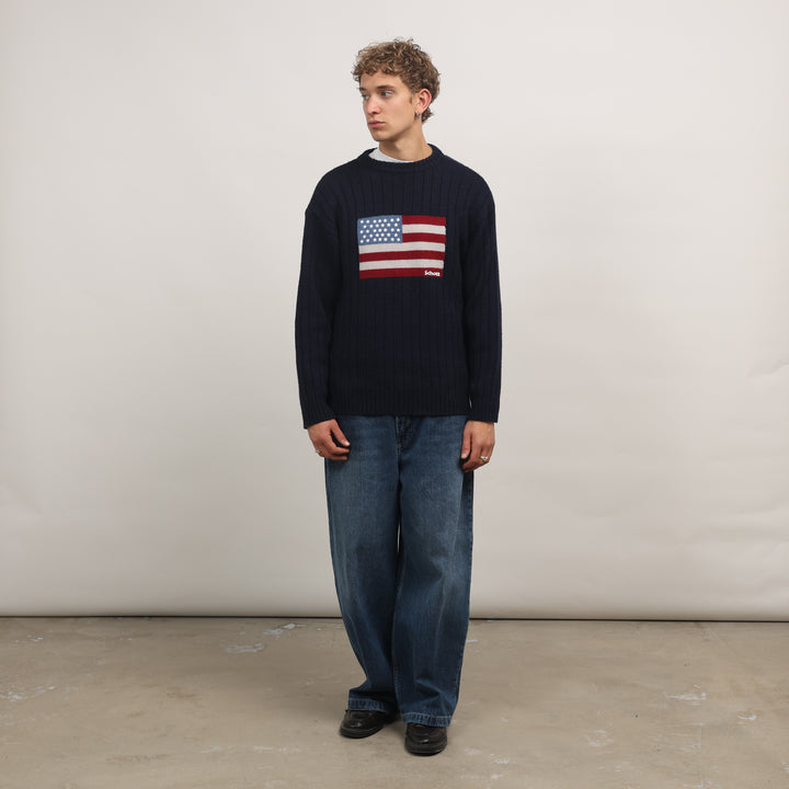 Schott Crewneck Jumper - Medium Navy Blue Wool Blend