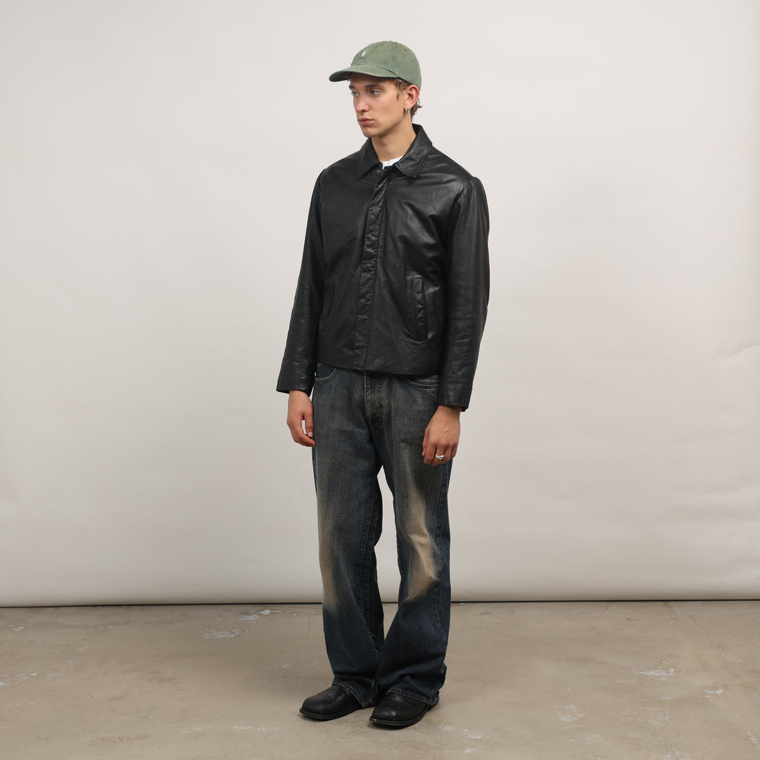 90's Leather Bomber Jacket - Large Black Leather