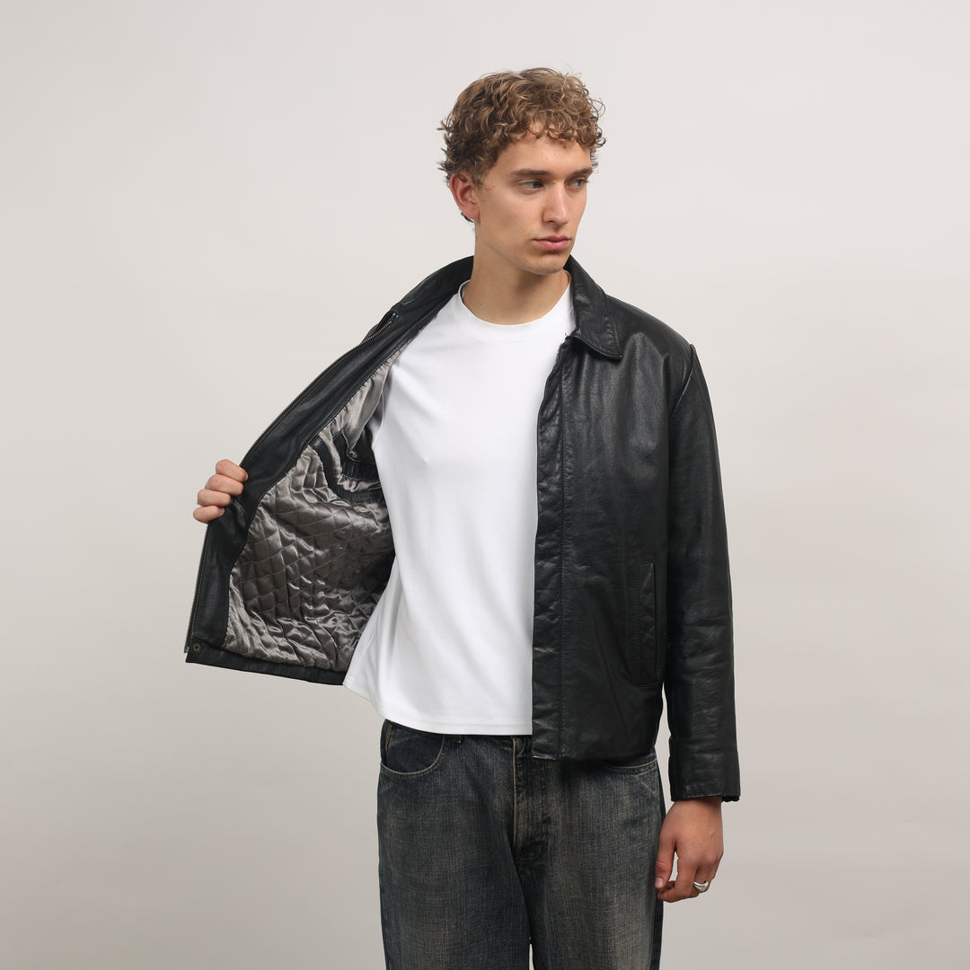 90's Leather Bomber Jacket - Large Black Leather