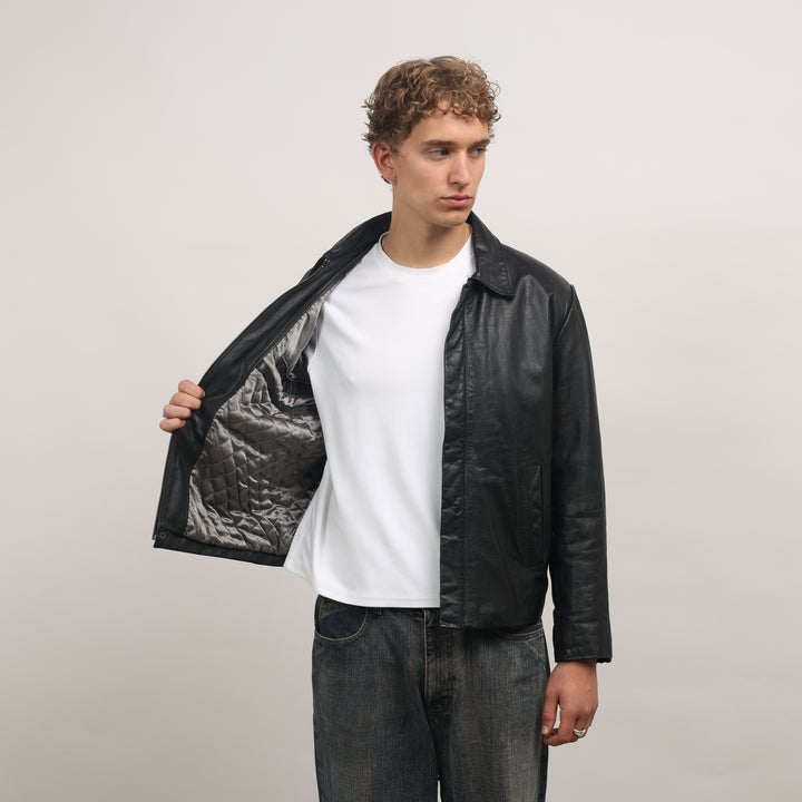 90's Leather Bomber Jacket - Large Black Leather